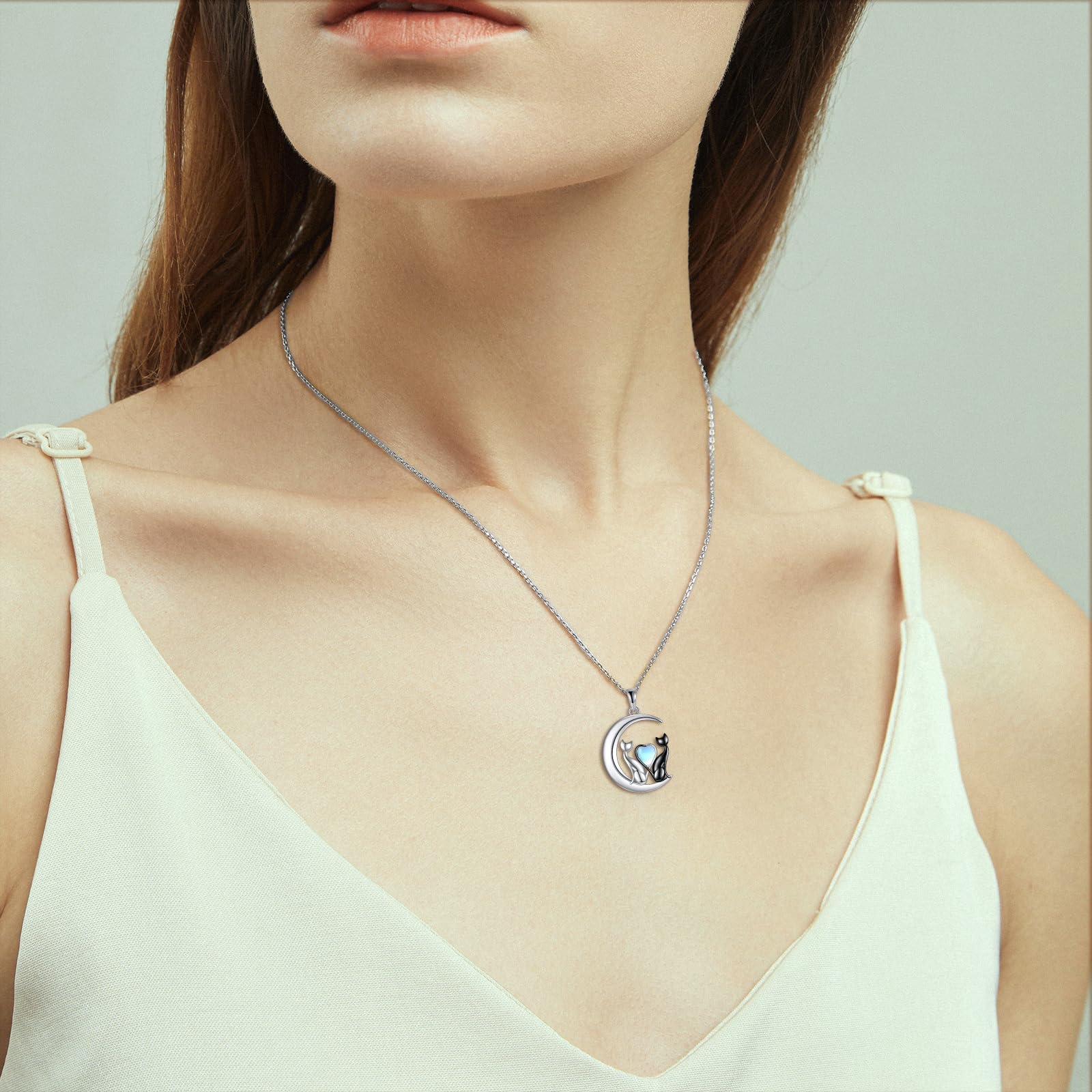YAFEINI Katze Kette für Damen 925 Sterling Silber Mond Katze Anhänger Halskette für Mädchen Mondstein Katze Schmuck Geschenk