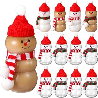 Vesici 12 Pack Christmas Snowman Beverage Bottles with Hat and Scarves Empty Plastic Snowman Shaped Beverage Containers for Xmas Party Supplies