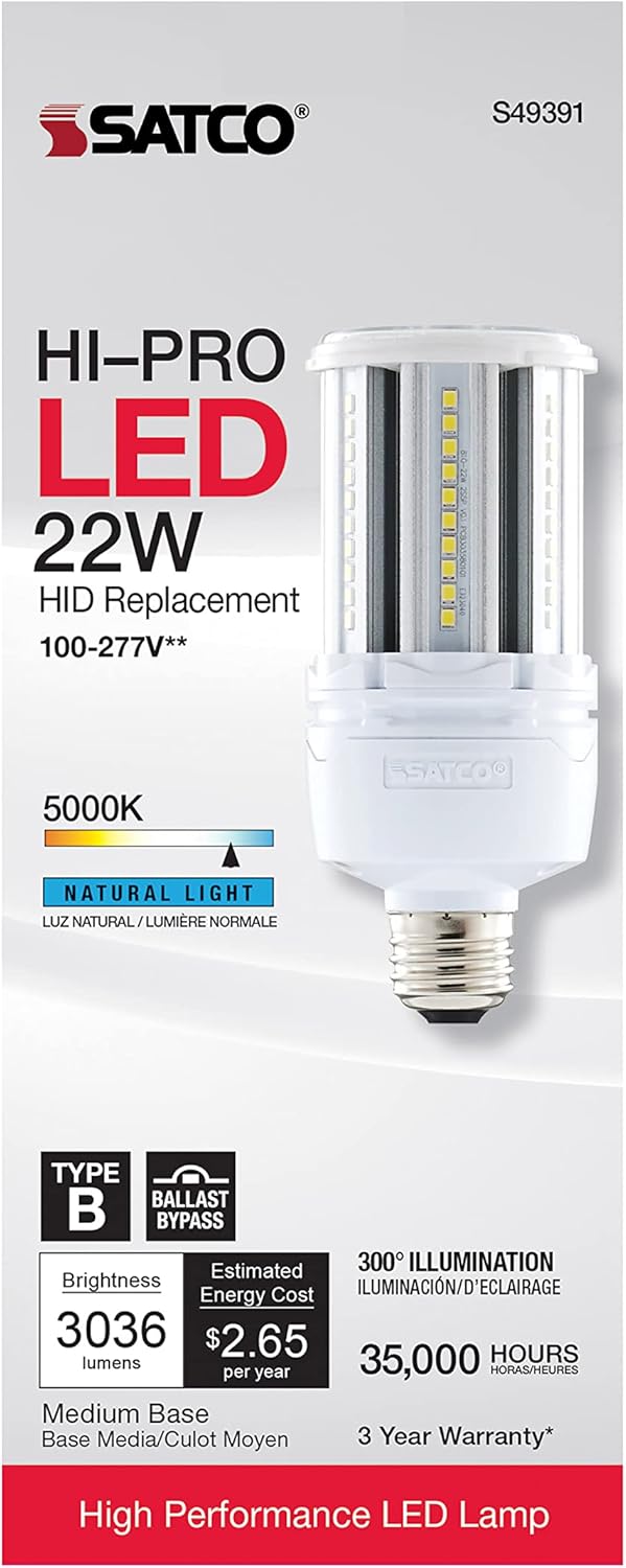 Satco S49391-22 Watt HI Pro LED HID Replacement Corn Cob Bulb - 5000K - Type B Ballast Bypass - Economy Hi-Pro