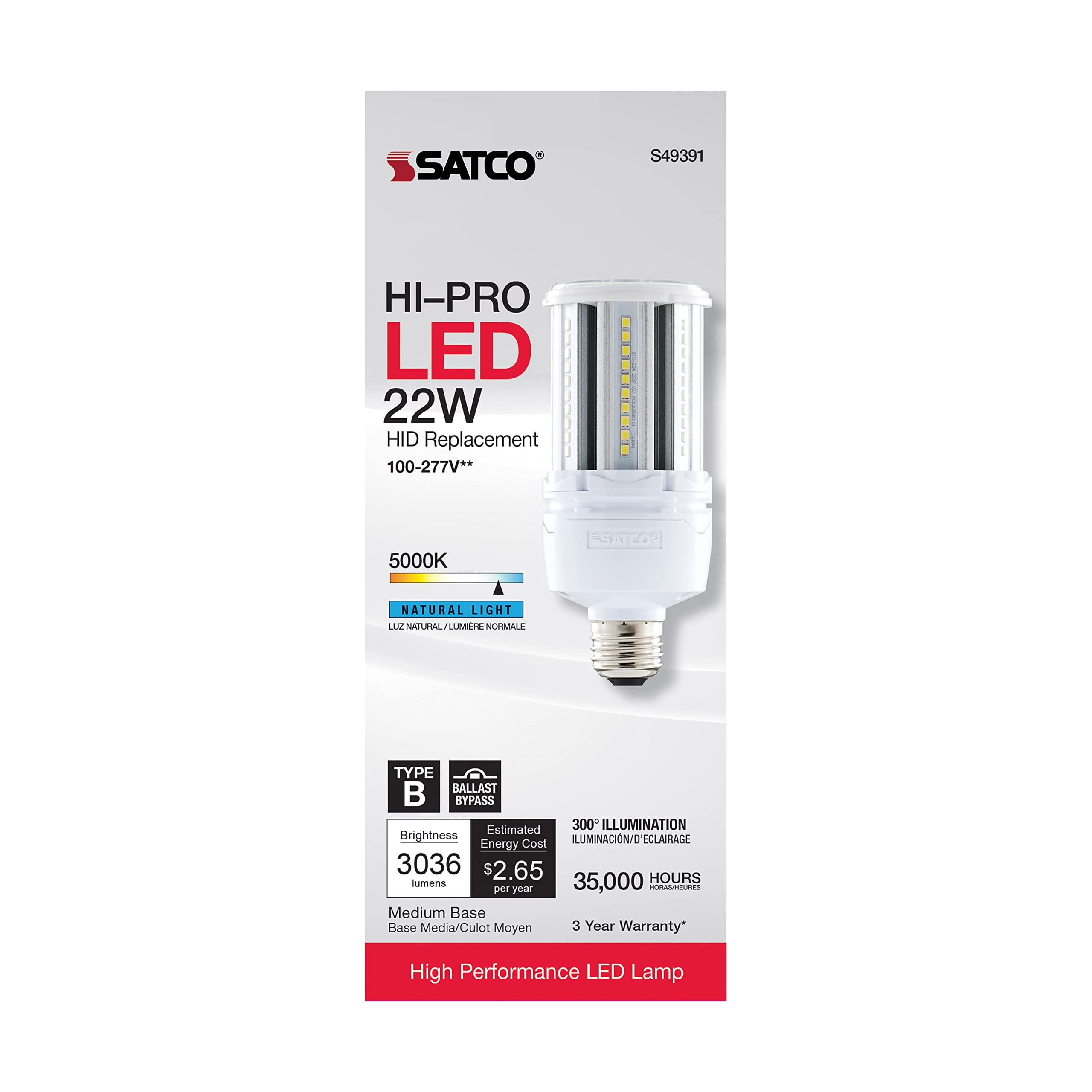 Satco #S49391, 22 Watt LED HID Replacement; 80 CRI; 5000K; Medium