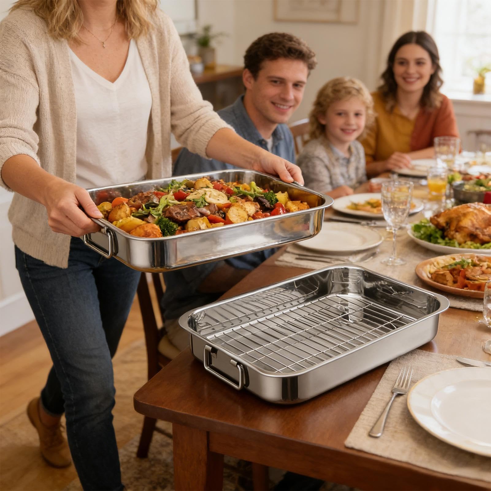 Brytfanna z Rusztem do Indyka Stal Nierdzewna Akcesoria Kuchenne | Blacha do Pieczenia w Piekarniku Dla Gospodyń Domowych Przyjęć Święto Dziękczynienia Przygotowywania Posiłków Indyk