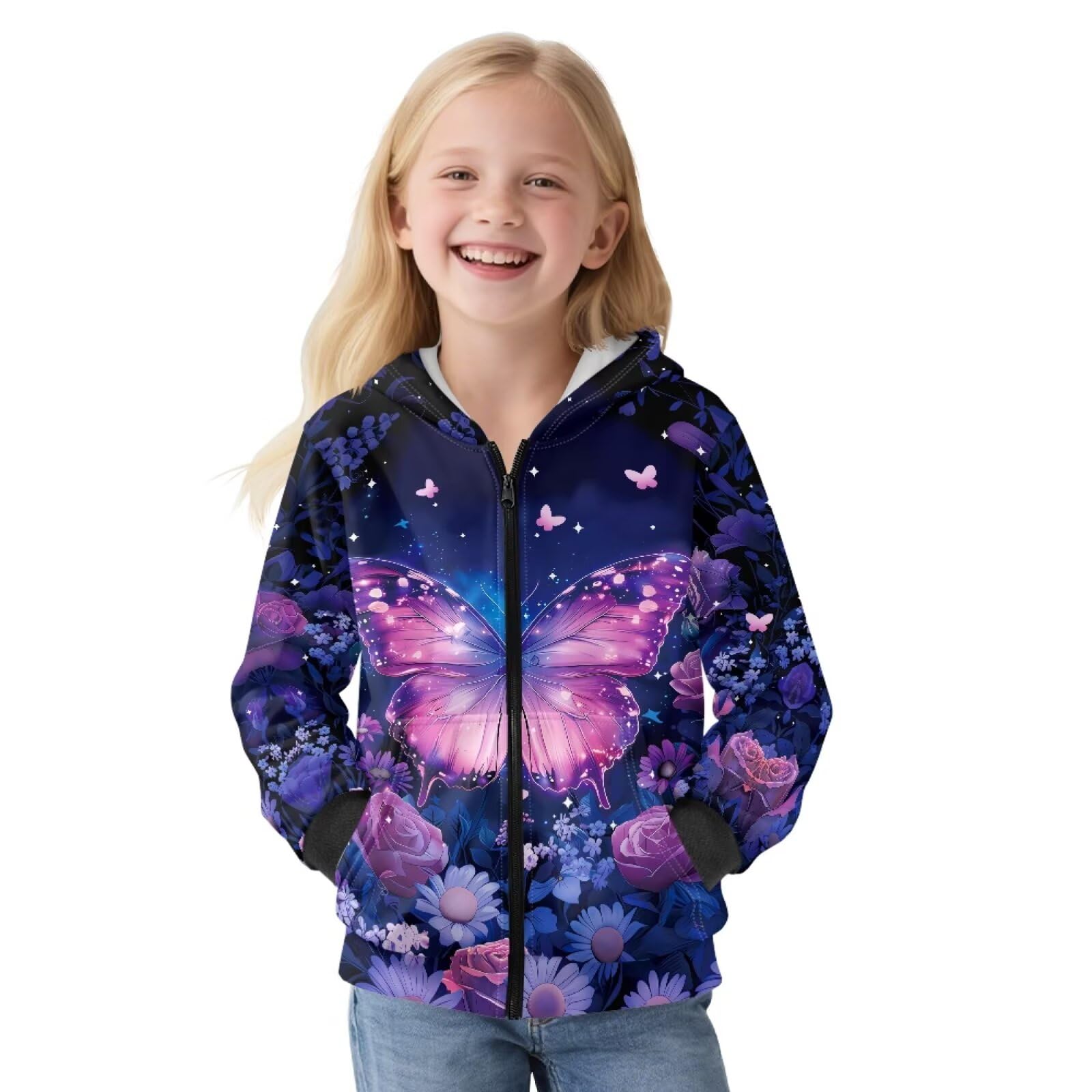 Sudadera de manga larga con capucha y cremallera frontal para niñas, chaqueta de forro polar con bolsillos, ropa de otoño e invierno