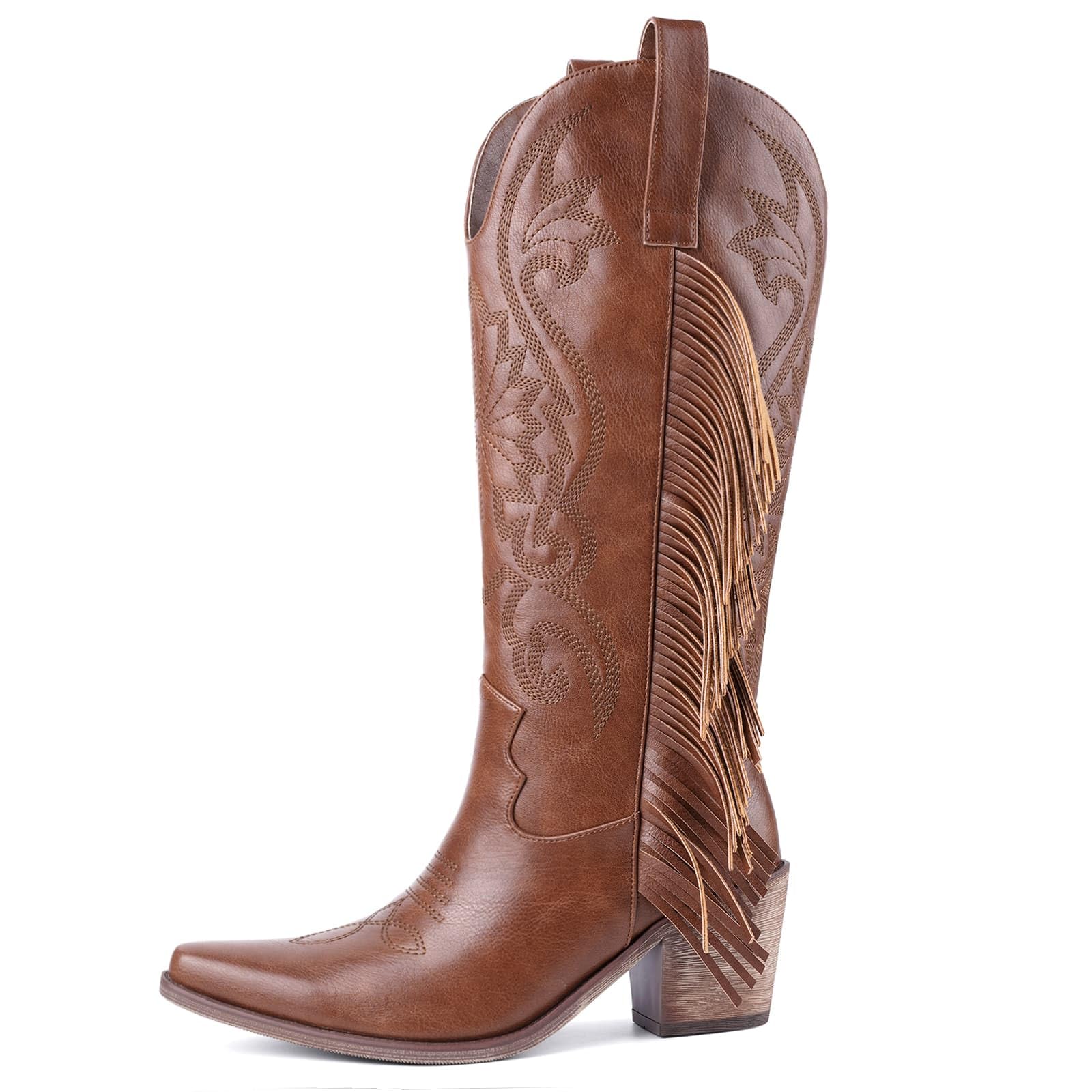 Cowboy Boots for Women Pointed Toe Wide Calf Fringe Cowgirl Boots with Embroidery Knee High Chunky Heel Pull