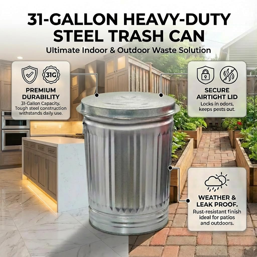31-Gallon Heavy-Duty Steel Trash Can - Kitchen & Office - Silvery - with Airtight lid - Metal Outdoor Trash Can for Patio, Kitchen & Office