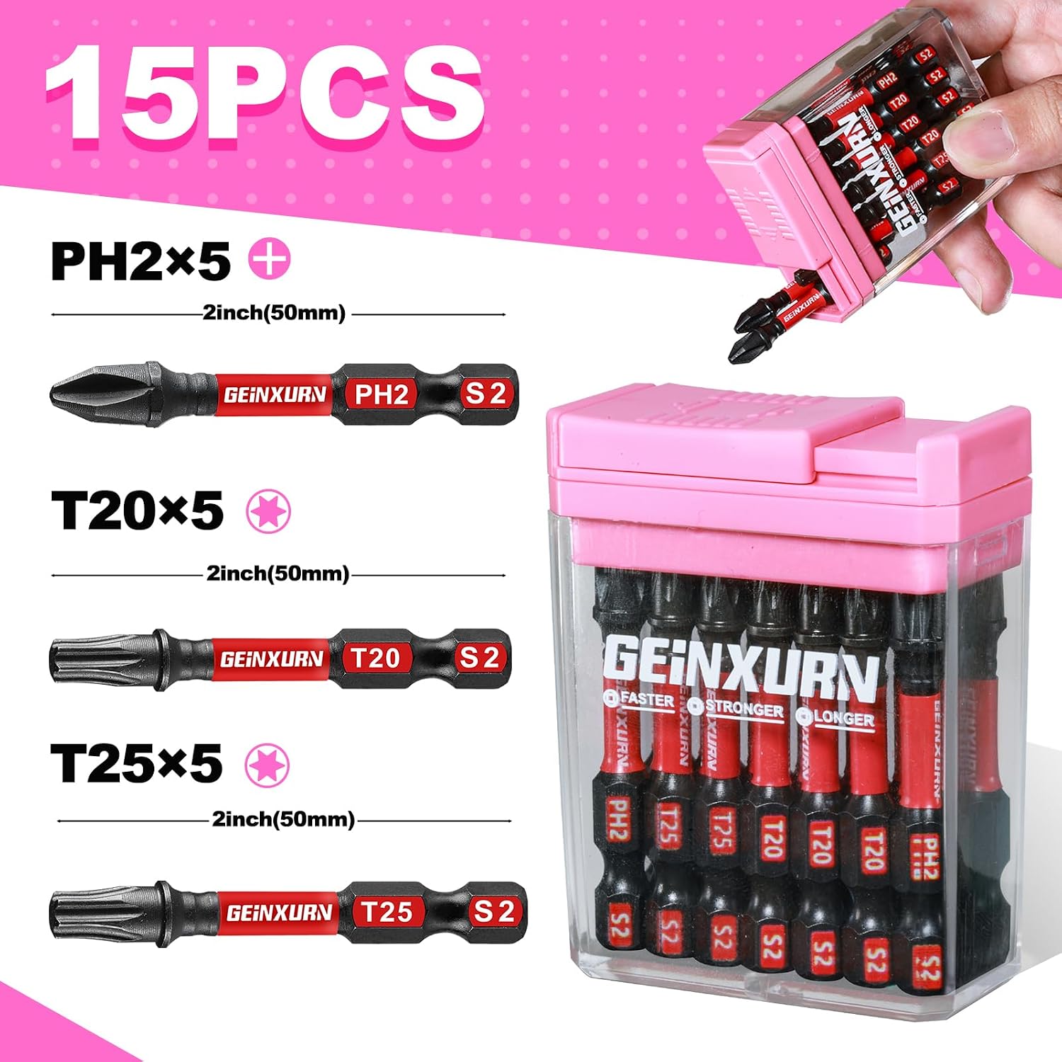 Geinxurn Impact Screwdriver Bits Set,15 PCS 2" Magnetic(PH2/T20/T25) S2 Steel Multi Driver Bits with Colorful Storage Box image 2