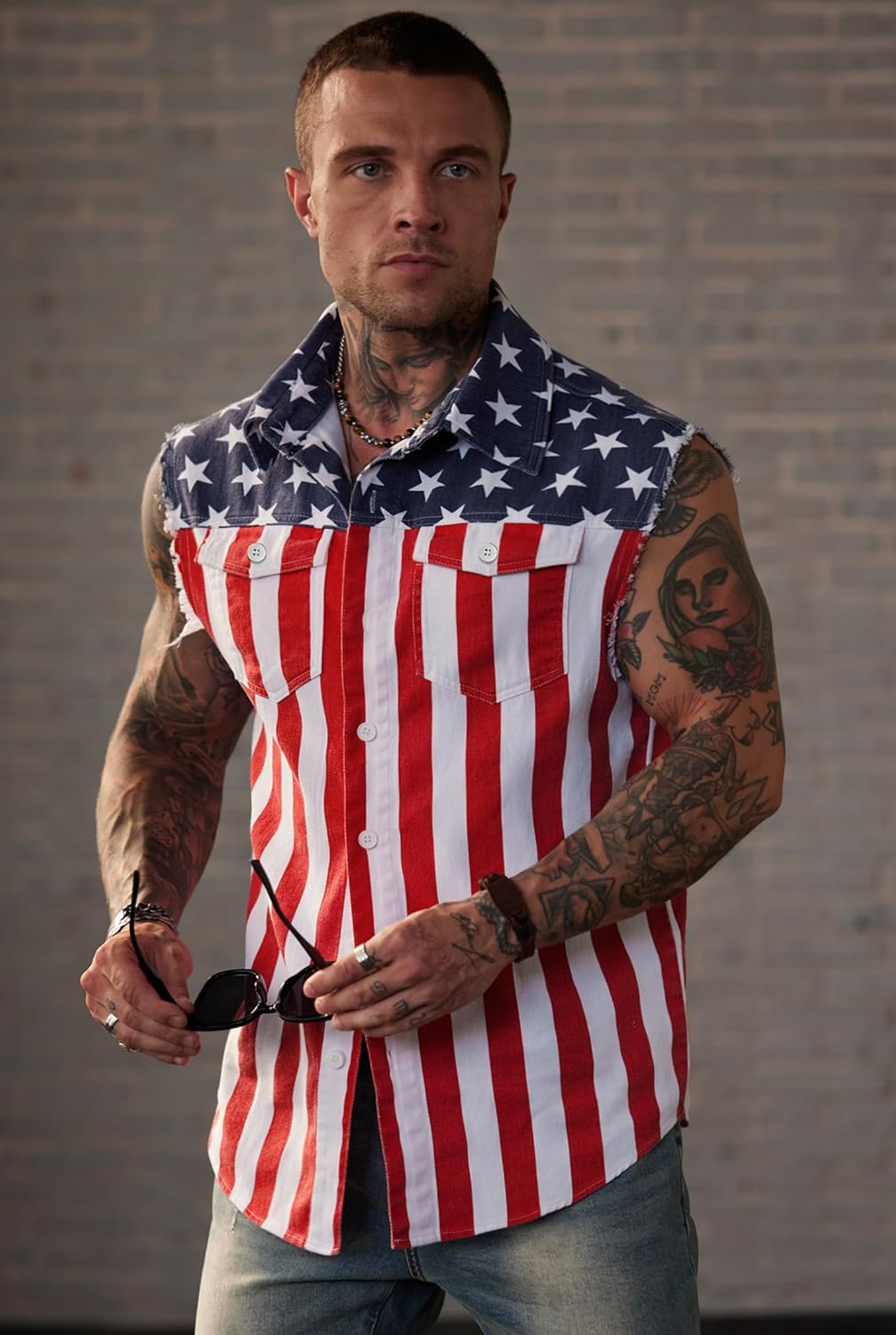 Mainfini Men's American Flag Denim Vest 4th of July Sleeveless Jacket With Pockets (S-XXL)