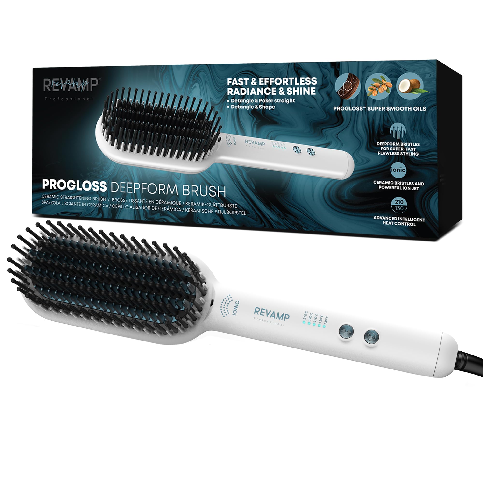 REVAMP Deepform Ceramic Straightening Brush - Hair Straightening Paddle Hot Brush, Ionic Technology, Extra Long Heated Bristles for Frizz Free Hair, Oil Infused for Salon Professional Shine, White