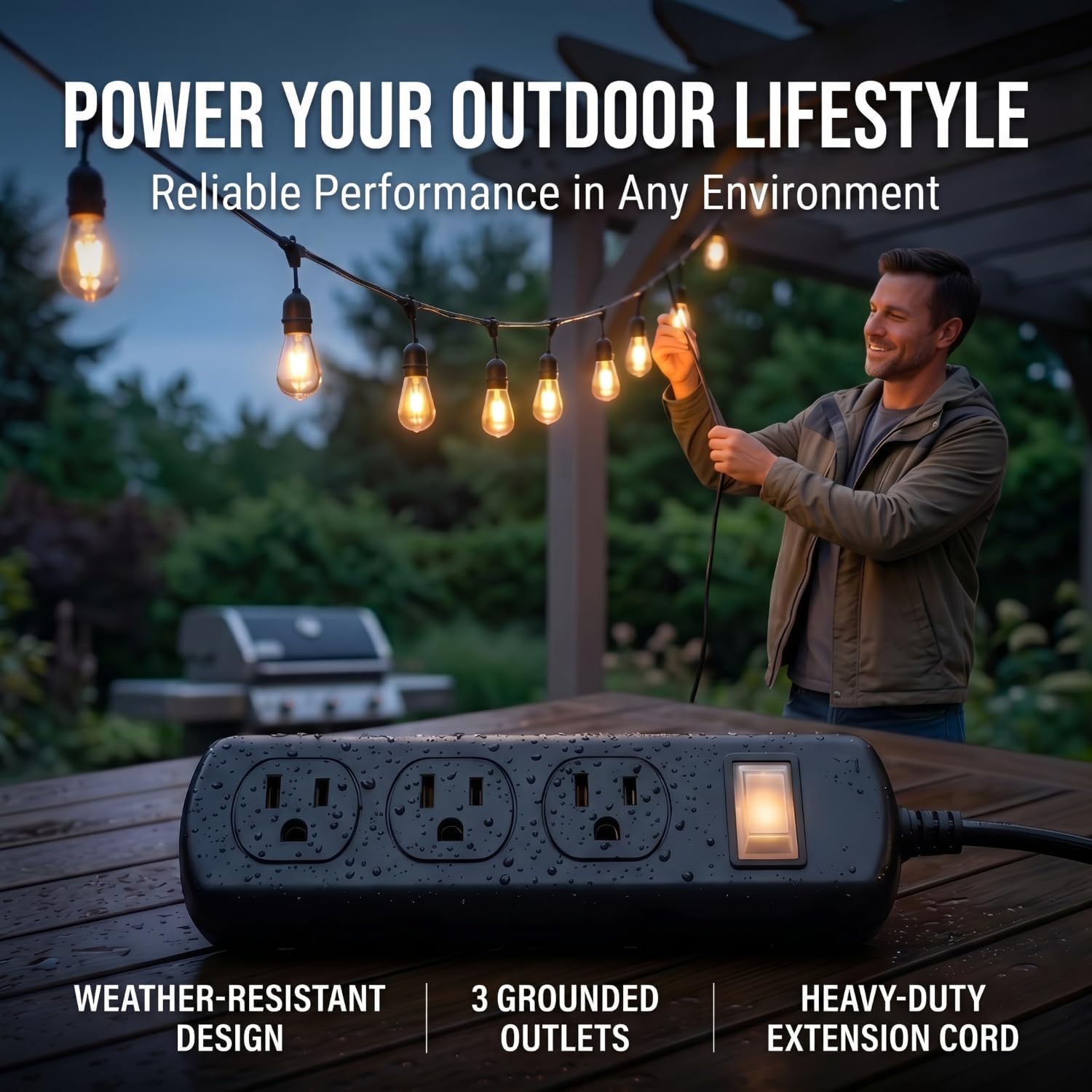 Outdoor Power Strip Weatherproof IPX6, Waterproof Surge Protector with 3 Wide-Spaced Outlets, Heavy Duty Extension Cord for Garden Patio Garage, Wall Mountable, 13A 1625W, Black (Black, 6FT)