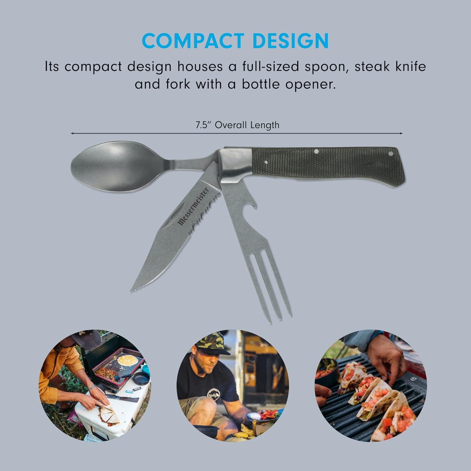 Messermeister Adventure Chef Folding Camp Utensil - Full-Sized Steak Knife, Fork, Spoon + Bottle Opener - 303 Stainless Steel & Distressed Linen Handle