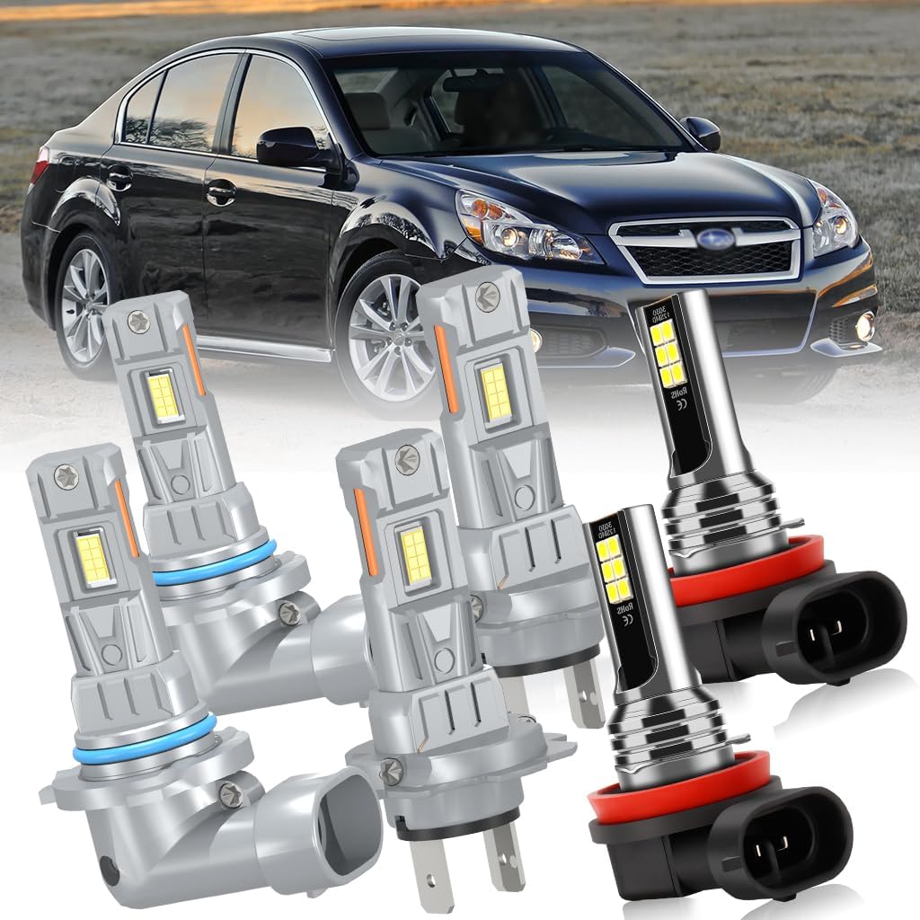 LED Headlight and Fog Light Bulbs compatible with Subaru Legacy 2010-2014, 9005 High Beam H7 Low Beam, H11 Fog Lights, 6000K White, 500% Brighter, 6-Pack