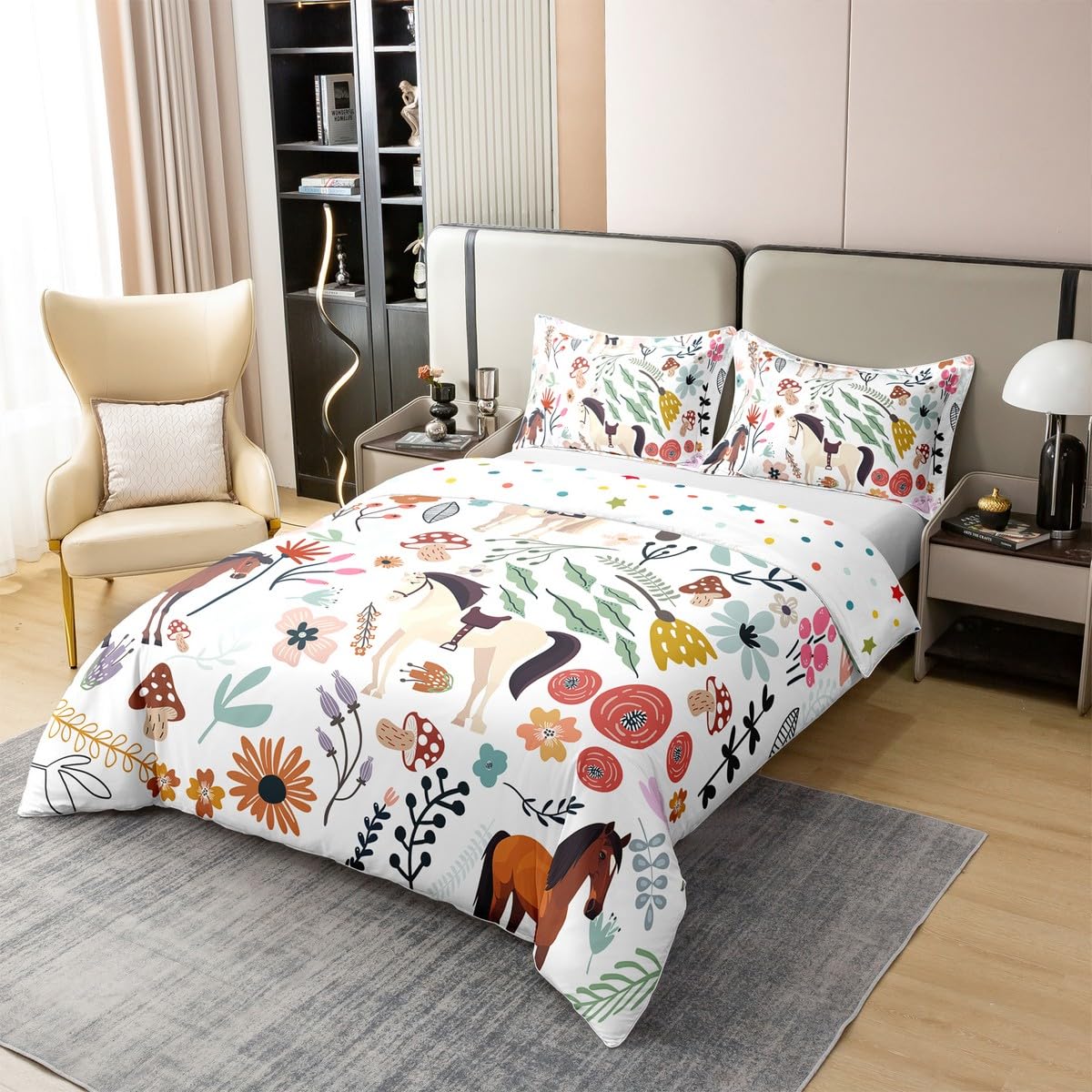 Caballo 100% algodón para hombre y mujer, funda nórdica, cómoda para mujer, color blanco, marrón, caballo, ropa de cama, diseño de flores coloridas, setas, 240 x 260 transpirable