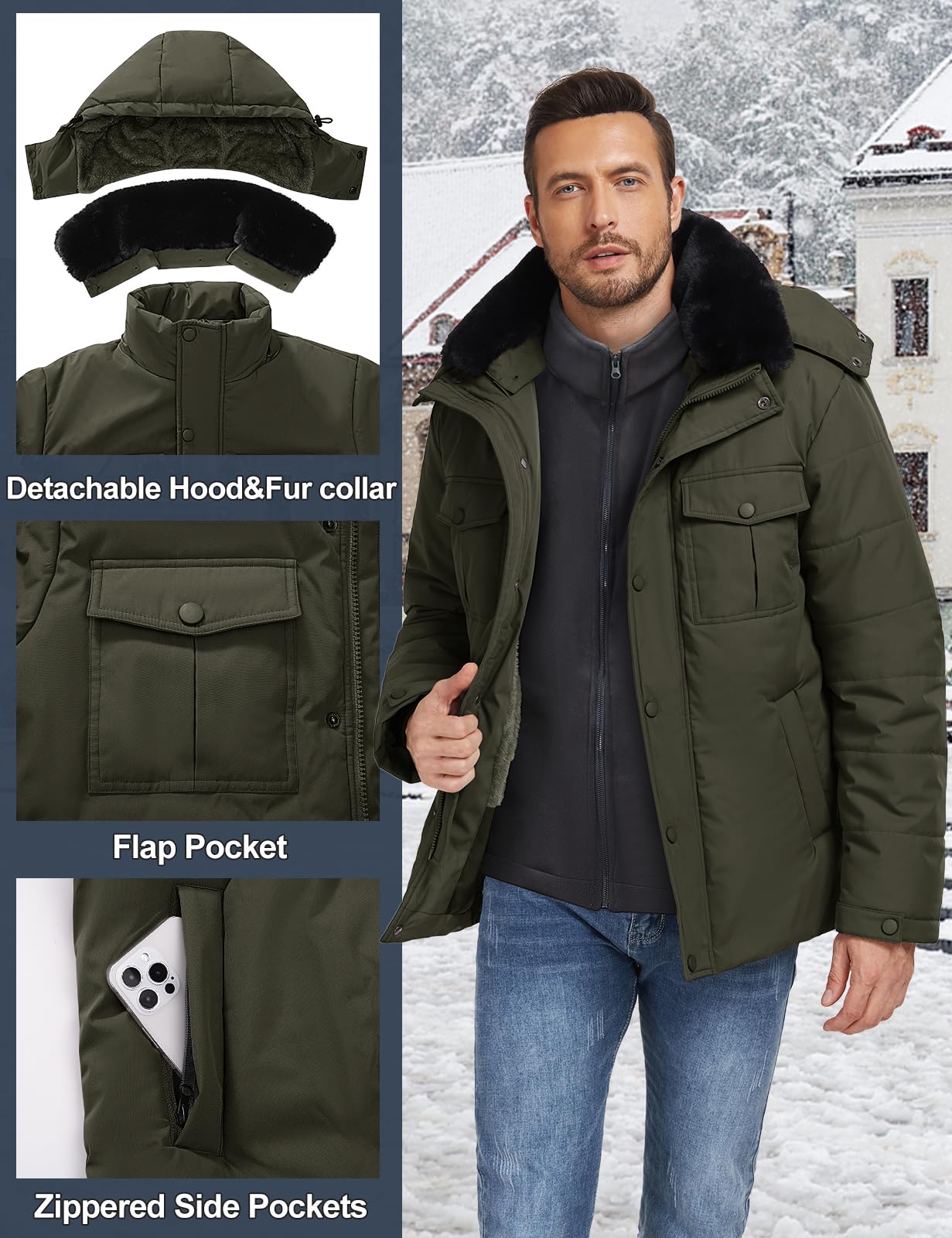 Tuopuda Męska parka zimowa kurtka polarowa z zamkiem błyskawicznym wiatrówka termiczna parka płaszcz ciepły płaszcz outdoorowy ze zdejmowanym kapturem