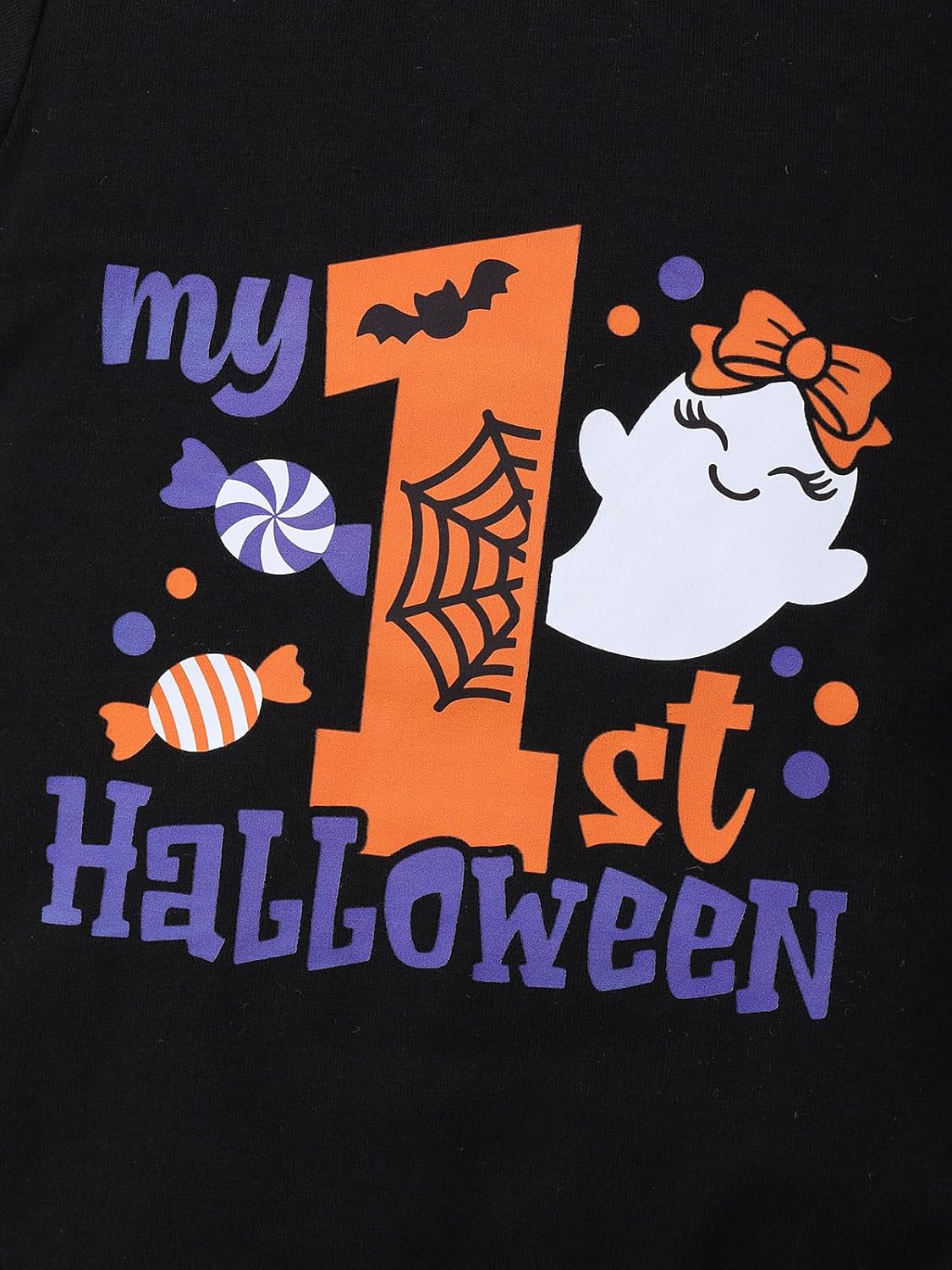 My First Halloween Outfit Baby Girl Letter Print Long Sleeve Romper Top Spooky Candy Shorts Set - Image 5