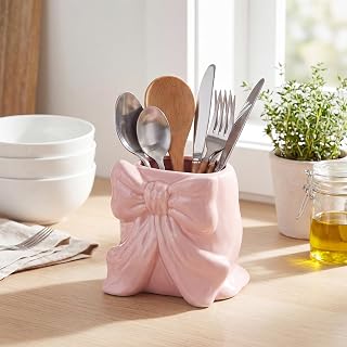Domensi Pink Bow Ceramic Utensil Holder Cute 3D Coquette | Cooking Utensil Crock, Kitchen Counter Organizer, Decorative Home Countertop,Housewarming Gift