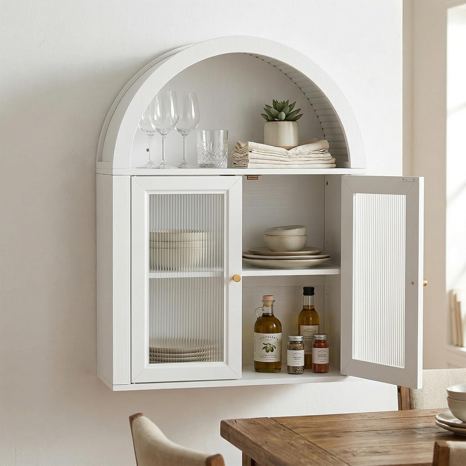Arched Bathroom Wall Cabinet, Boho Medicine Cabinet with Tempered Glass Doors, Above Toilet Storage Cabinet, Wall Mounted Adjustable Shelf for Living Room, Restroom,White
