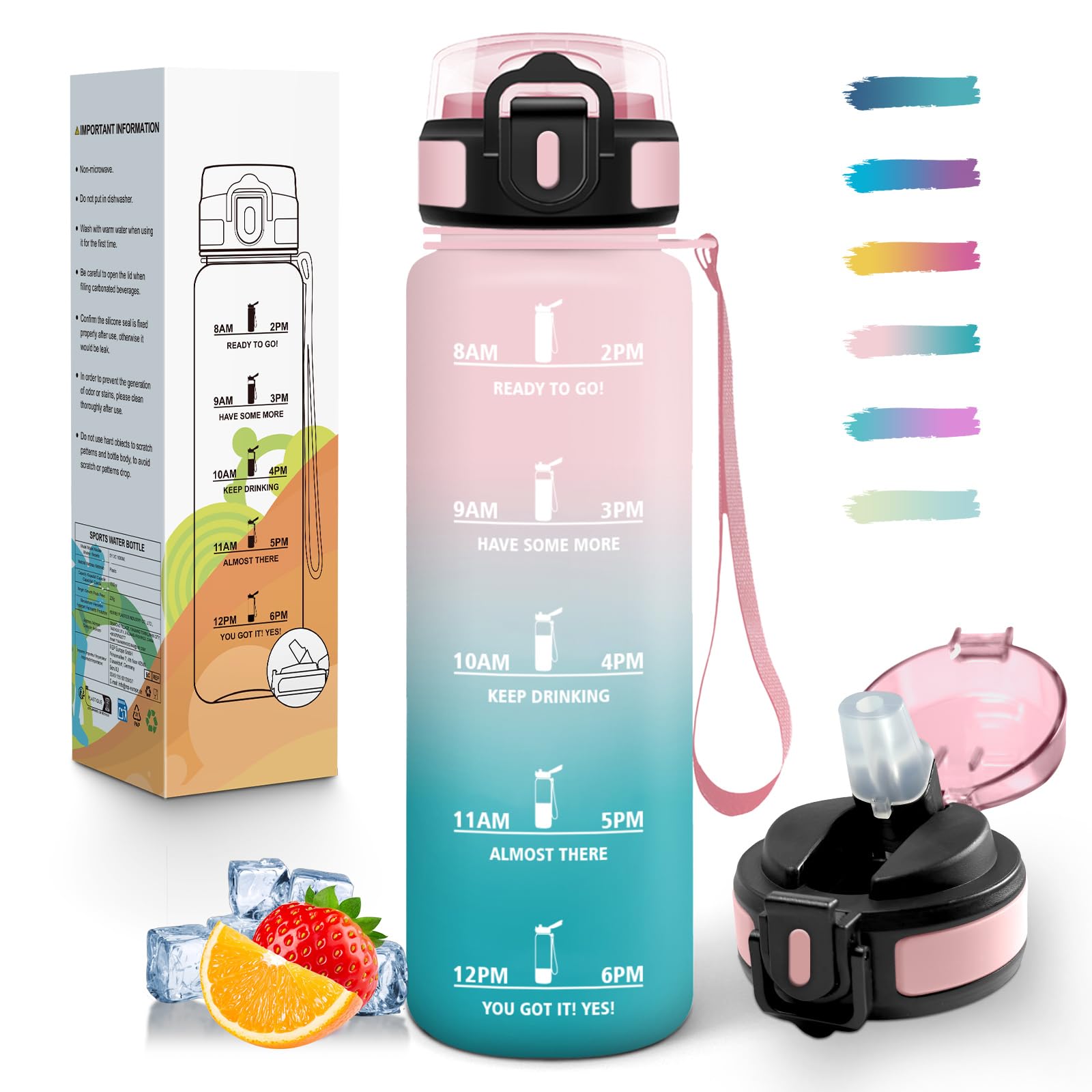 Mulbijeo Trinkflasche 1L, BPA-Frei, Wasserflasche Kohlensäure Geeignet, Wasserflasche Auslaufsicher, Trinkflasche mit Strohhalm, Tragbares Trageseil, Sportflasche für Laufen, Fahrrad, Fitness