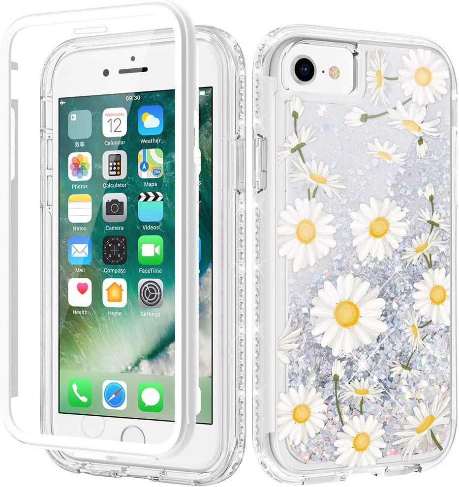 Caka iPhone SE 2020 Case Glitter, Daisy iPhone 7 8 Glitter Full Body Case with Screen Protector Rhinestone Bling Sparkle Floating Liquid Girly Women Protective Case for iPhone SE 2020 7 8 6 6s