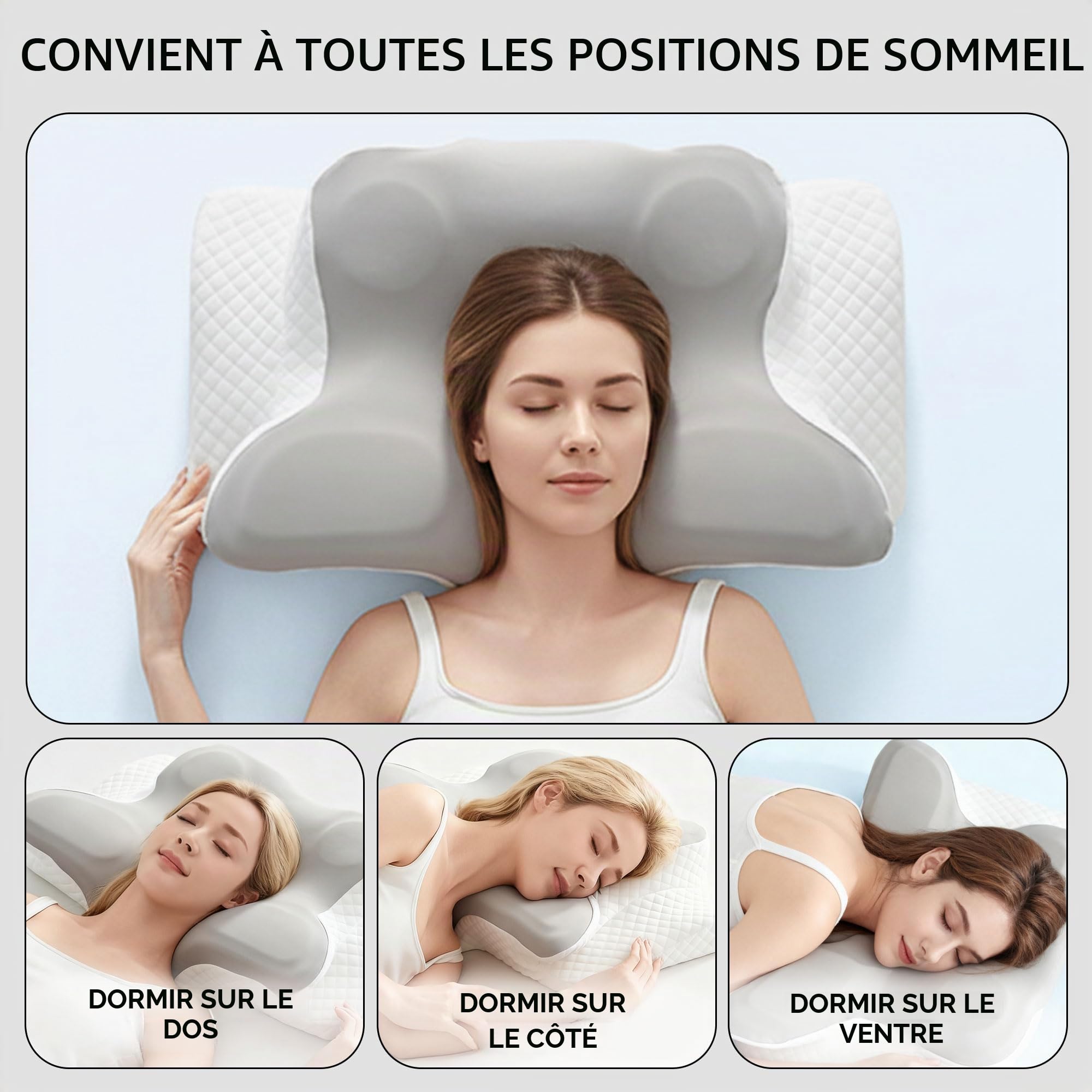 Oreiller cervical ergonomique en mousse à mémoire de forme - Oreiller orthopédique avec housse amovible - Parfait pour les personnes dormant sur le dos, sur le côté et sur le ventre (gris