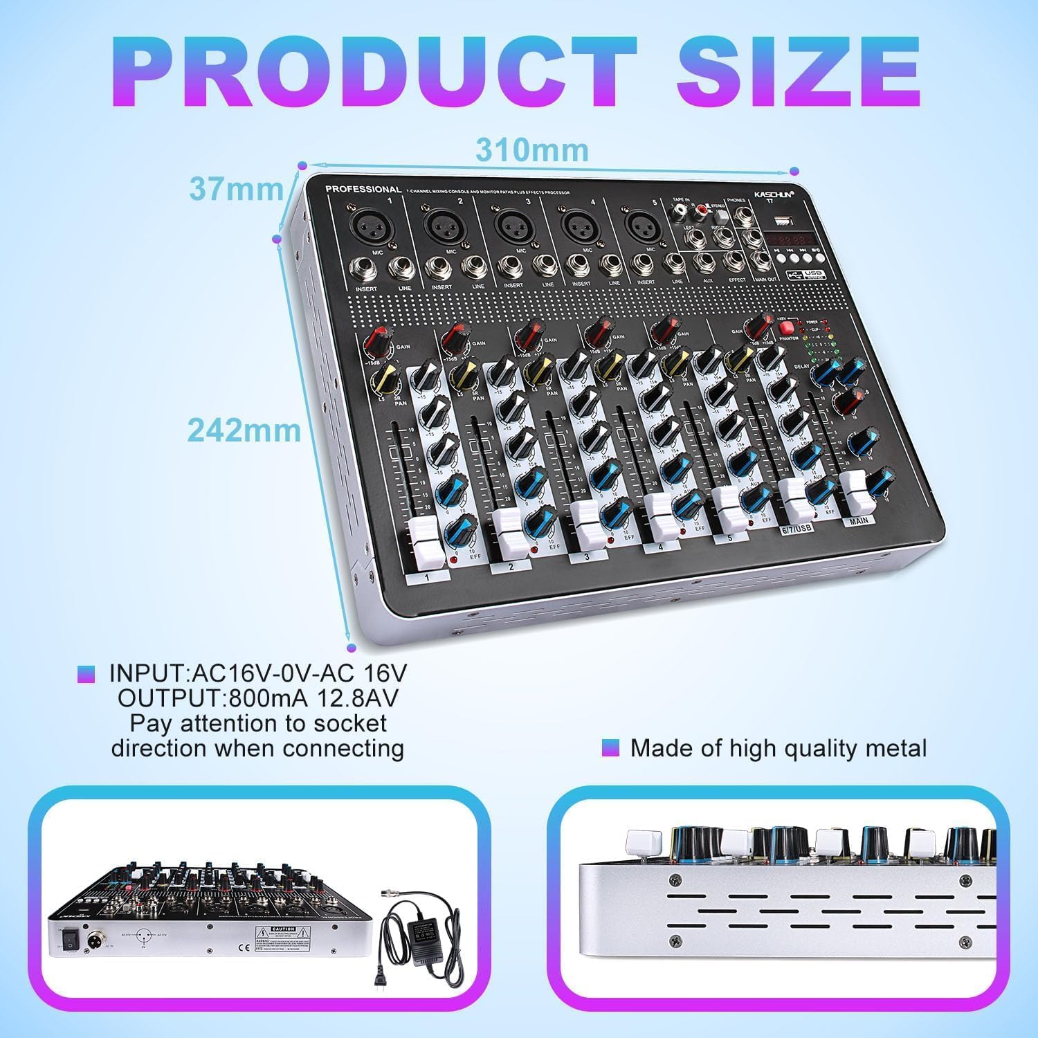 Contents of the Kaschun T7 mixer package including the mixer, power supply, and user manual.