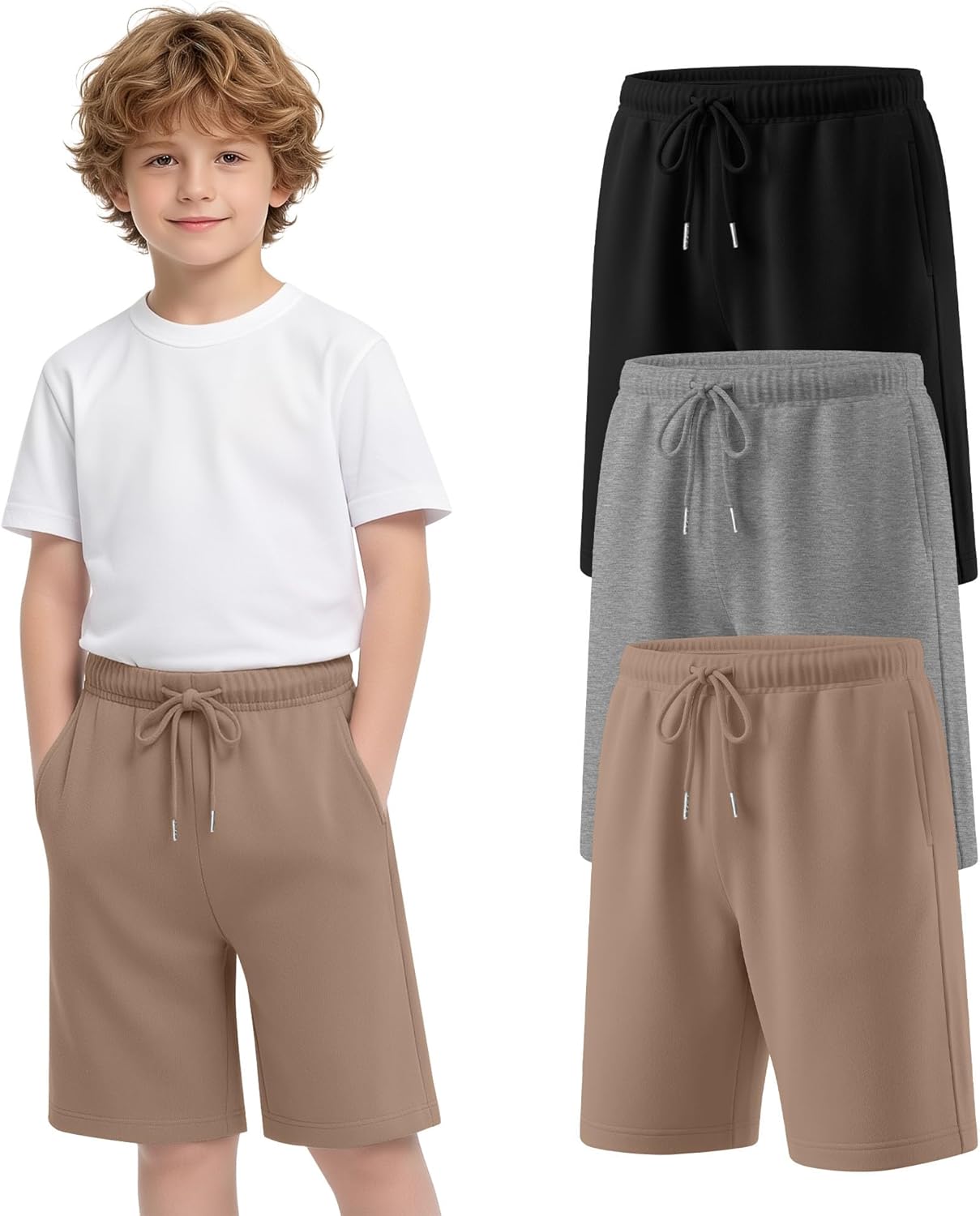 3 Pack Boys Shorts Kids Baggy Sweat Shorts Teen Boy Athletic Casual Summer Clothes with Pockets 6-14 Years