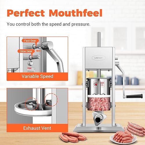 Miniatura 2 de Relleno de salchichas de 7 libras3 L, máquina de salchichas de acero inoxidable 304 ajustable, 2 velocidades, 5 tubos de llenado (plateado)