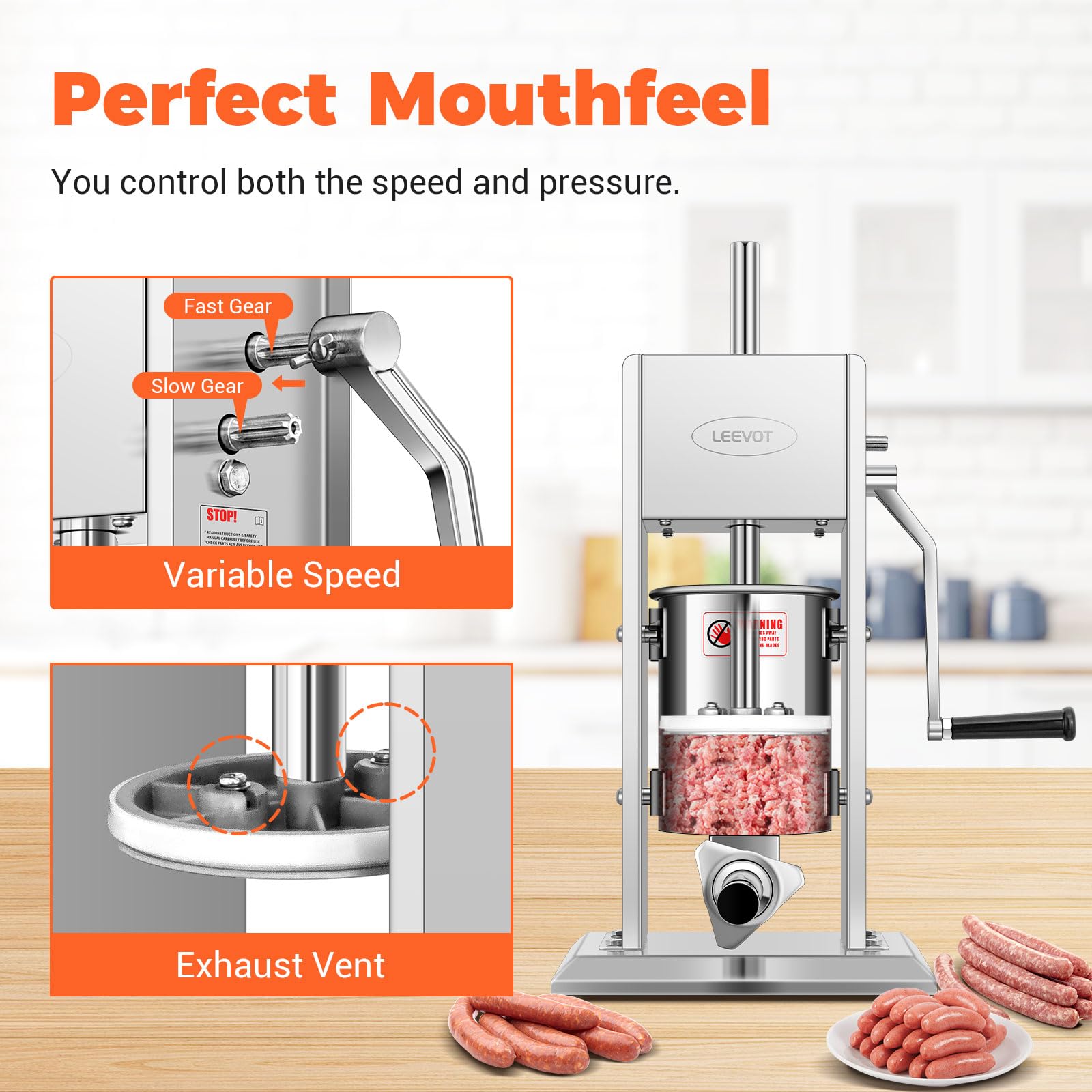 Riempitrici per salsicce, macchine per salsicce in acciaio inossidabile W/2 velocità, riempitrice verticale per salsicce con imbuti di 4 dimensioni e accessori per churros spagnoli in 4 diverse forme