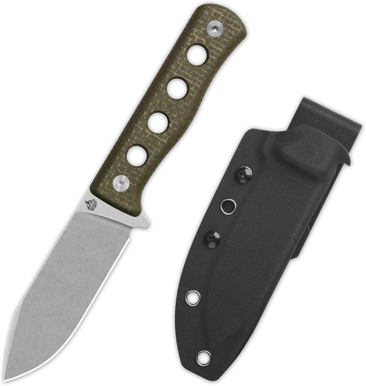 QSP Canary Fixed Blade Knife, 4.25" DC53 Stonewash Blade Hunting Knives with Kydex Sheath, Green Texture Micarta Handle EDC Knife for Camping, Outdoor, Hiking, Survival