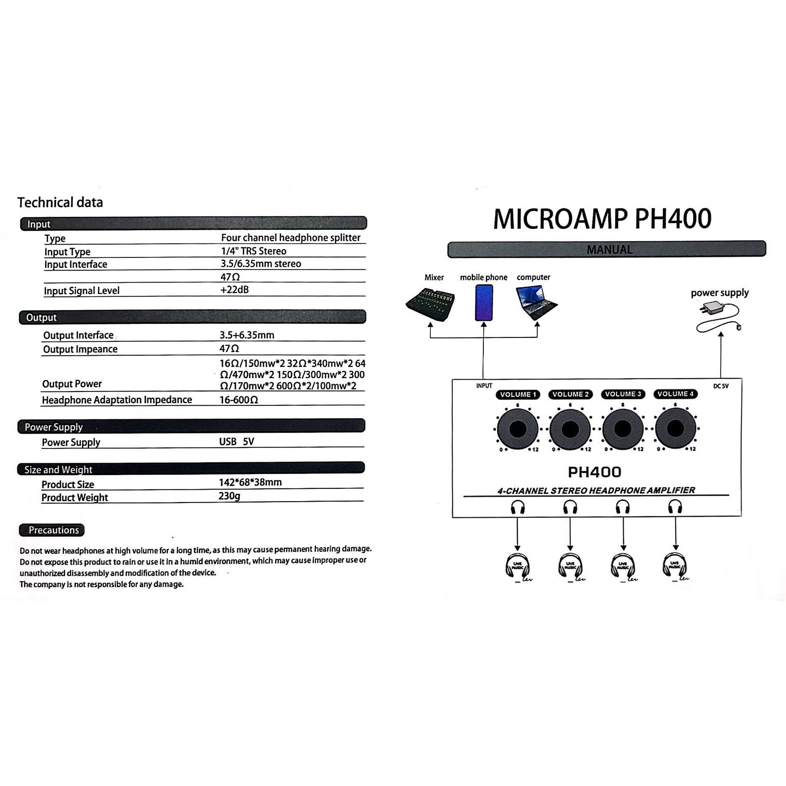 Amplificatore per cuffie 4 canali in metallo stereo splitter controllo volume cuffie stereo LED