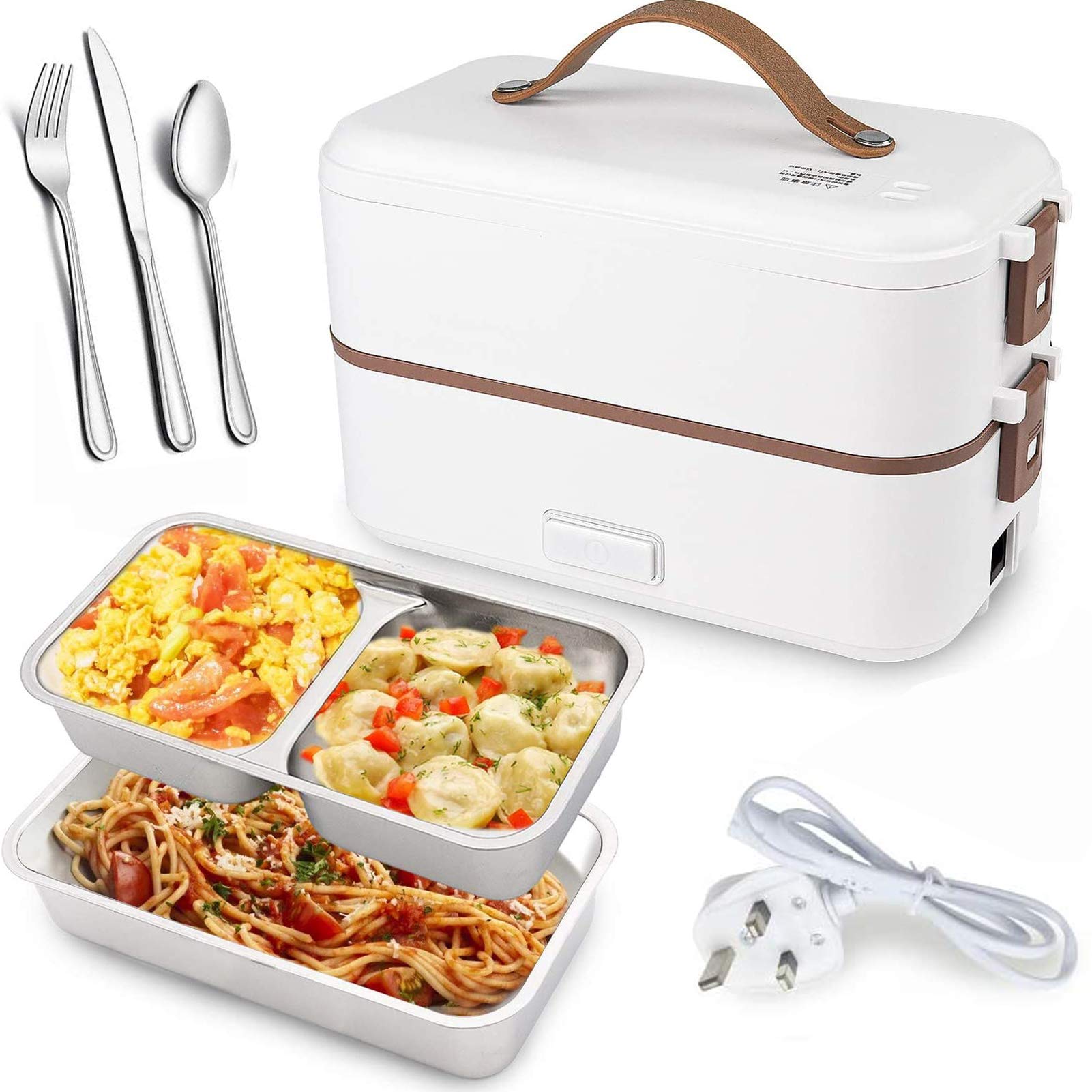 U-HOOME Self Cooking Electric Lunch Box, U-HOOME Mini Rice Cooker, 2 Layers Steamer Lunch Box for Home Office School Travel Cook Raw Food-White