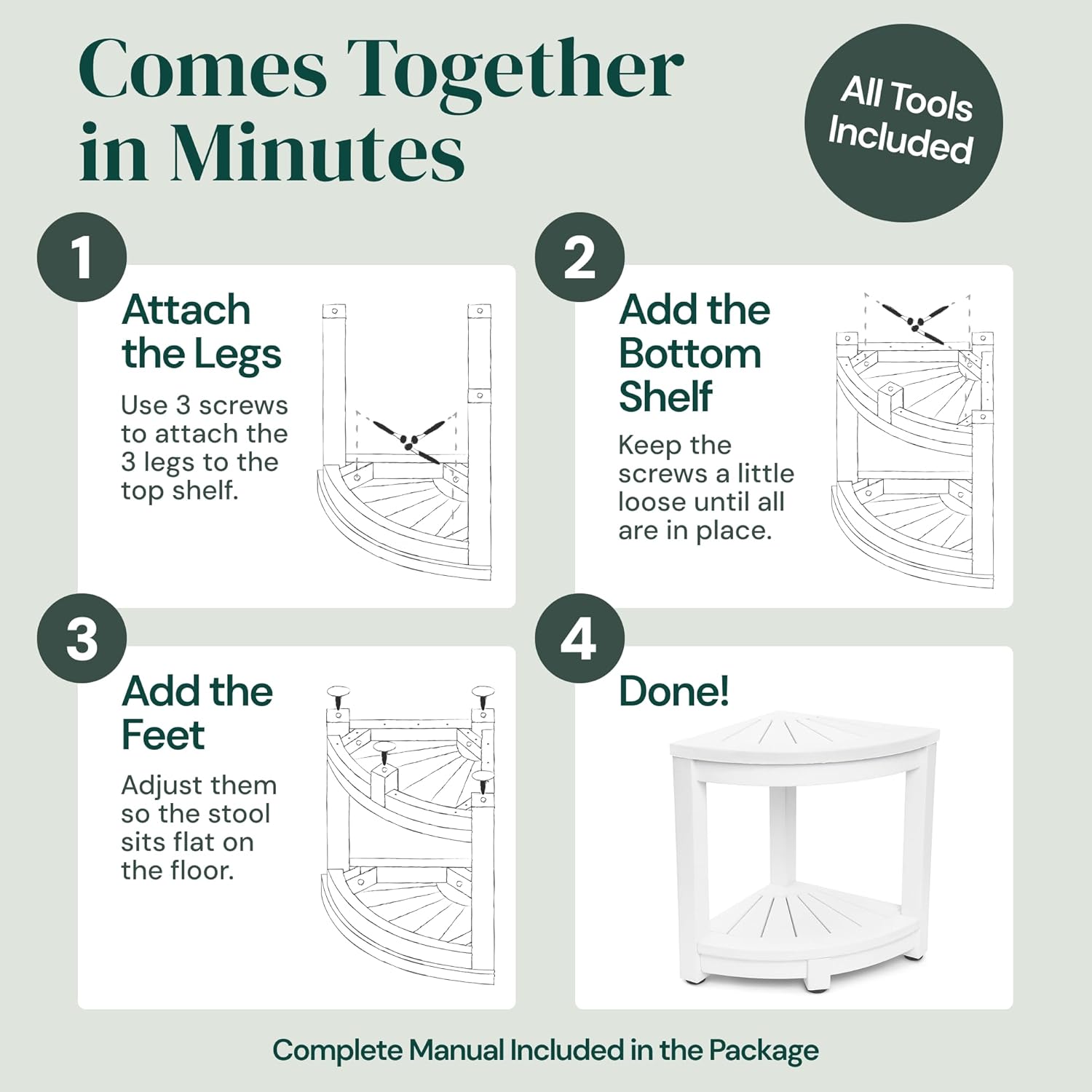 Waterproof Corner Shower Stool - White Waterproof Shower Bench for Shaving Legs & to Sit On - Easily Assembled Corner Bench & Shelf - Restroom Organizer - Restroom Home Decor