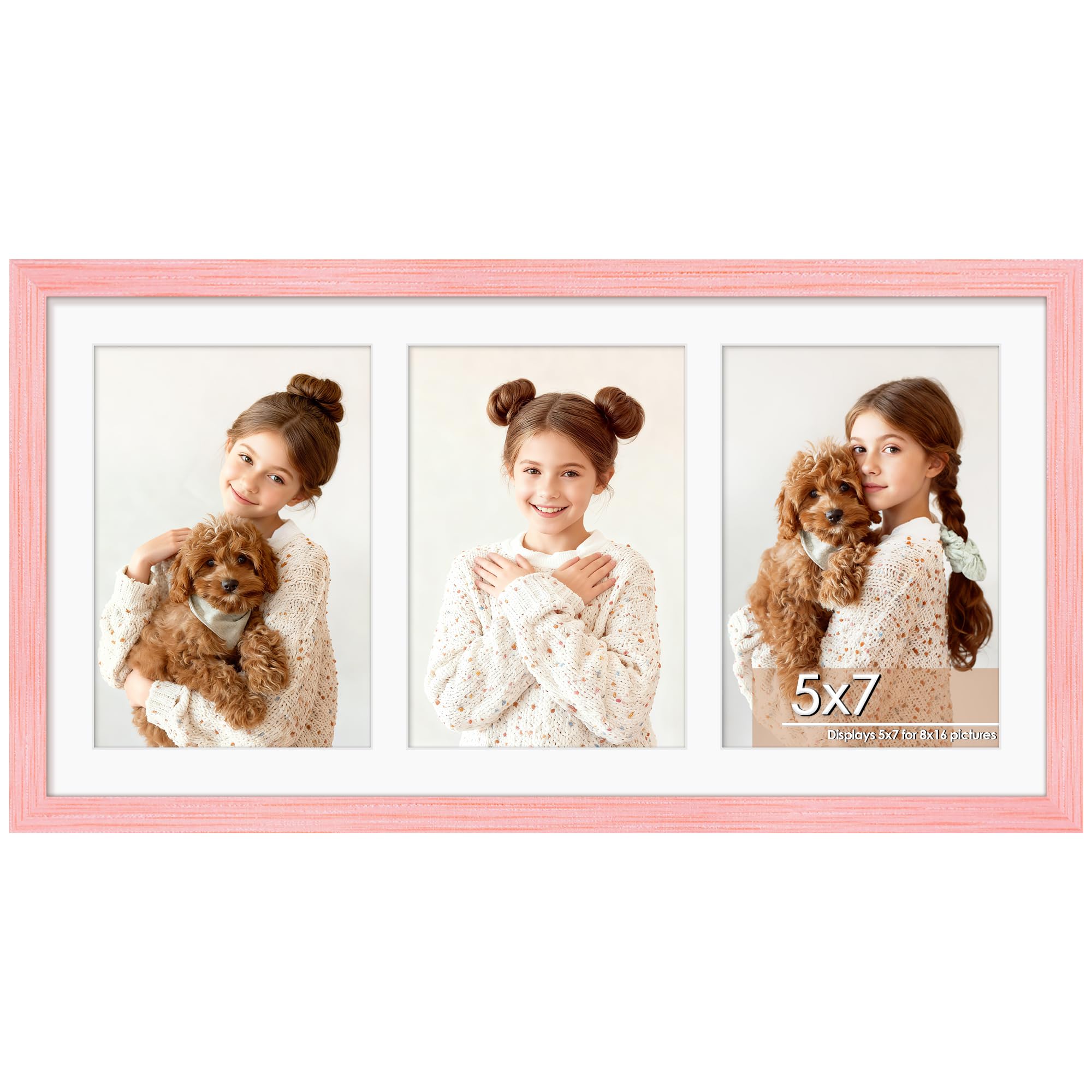 DUENPY 8x16 Collage Picture Frame 5x7 Collage Picture Frame Displays Three 5x7 inch Photos or 8x16 (Without Mat) for Available Horizontal Wall Mounting Display and Vertical Pink