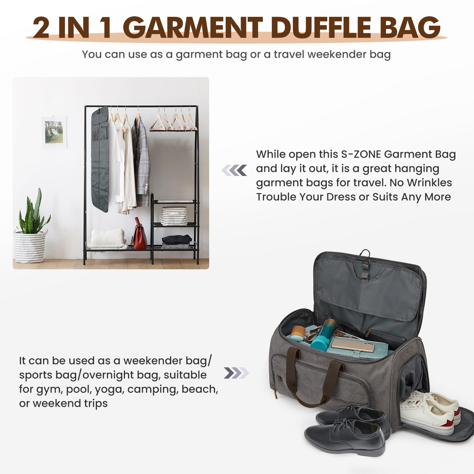 S-Zone Bolsa de Equipaje de Mano para Viajes, Bolsa de Ropa Convertible, Bolsa de Viaje, Bolsa de Traje para Hombres y Mujeres, 2 en 1, Maleta Colgante, Bolsa de Viaje de Negocios con Neceser, Gris