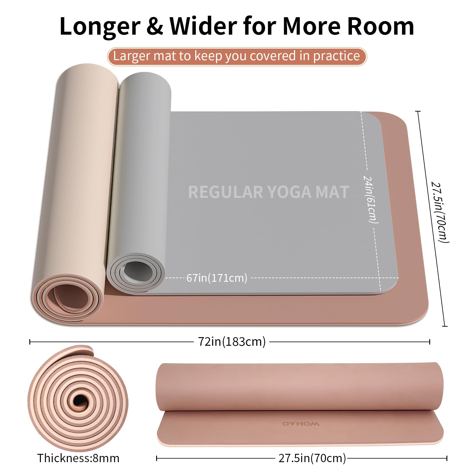 Tappetino da yoga extra spesso 8 mm, 182,9 x 71,1 cm, antiscivolo, double-face, doppio colore, materiale POE di alta qualità, con tracolla per yoga, pilates, palestra a casa