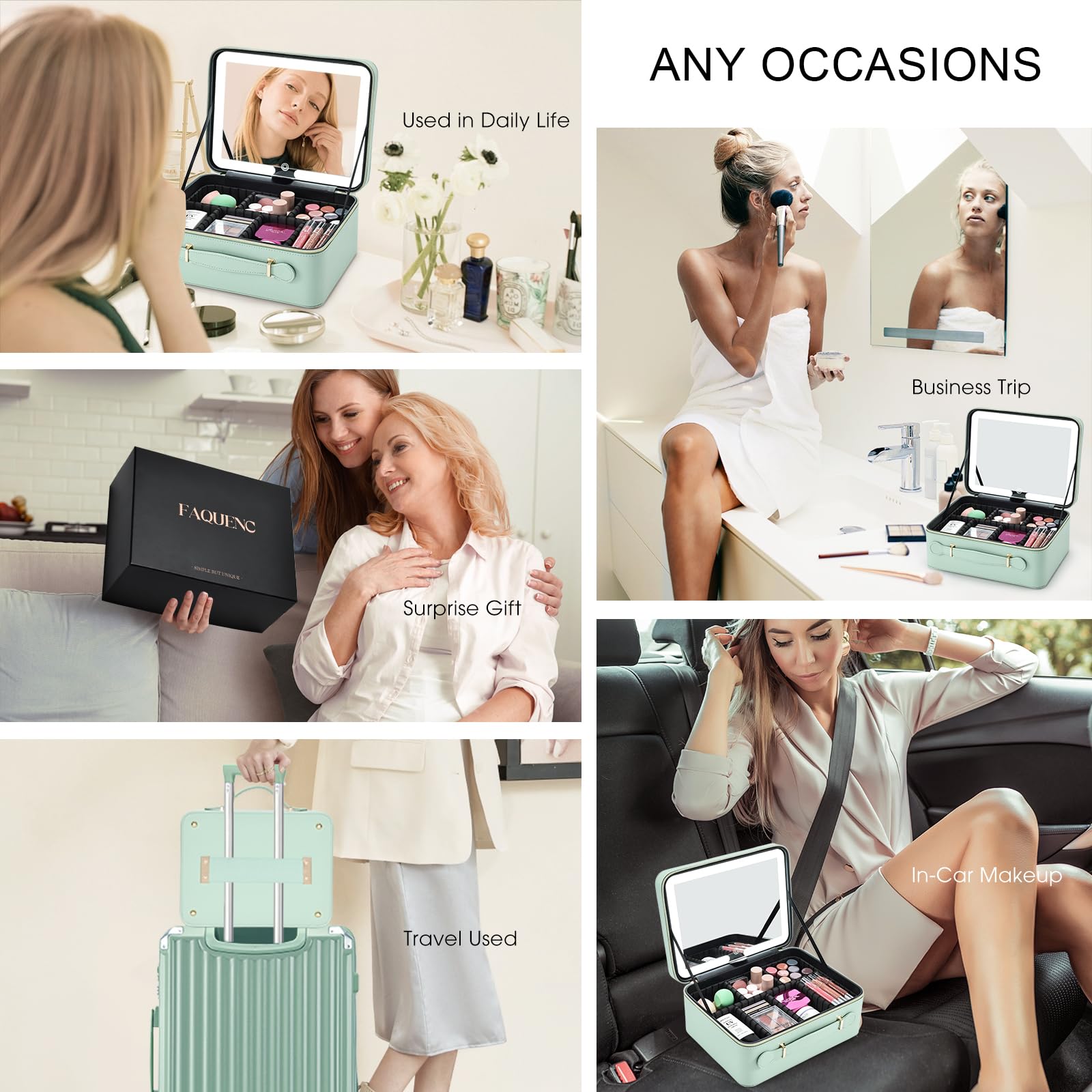 Großer Make-up-Koffer mit LED-Spiegel, abnehmbarer beleuchteter Spiegel, PU-Leder, tragbar, Make-up-Künstler, mit Trennwänden, Make-up-Pinselhalter, mintgrün, Klassisch