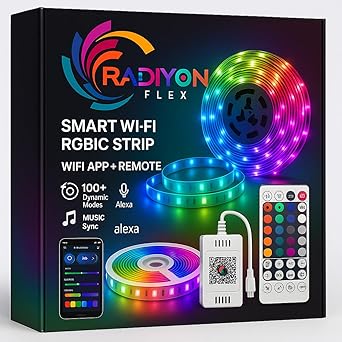 Radiyon Flex RGBIC LED Strip Light 5M – App & Remote Control | Music Sync | Segment Control | 100 Dynamic Modes | 60 LEDs/M | WiFi + Bluetooth | 12V – for Gaming & Room Decor