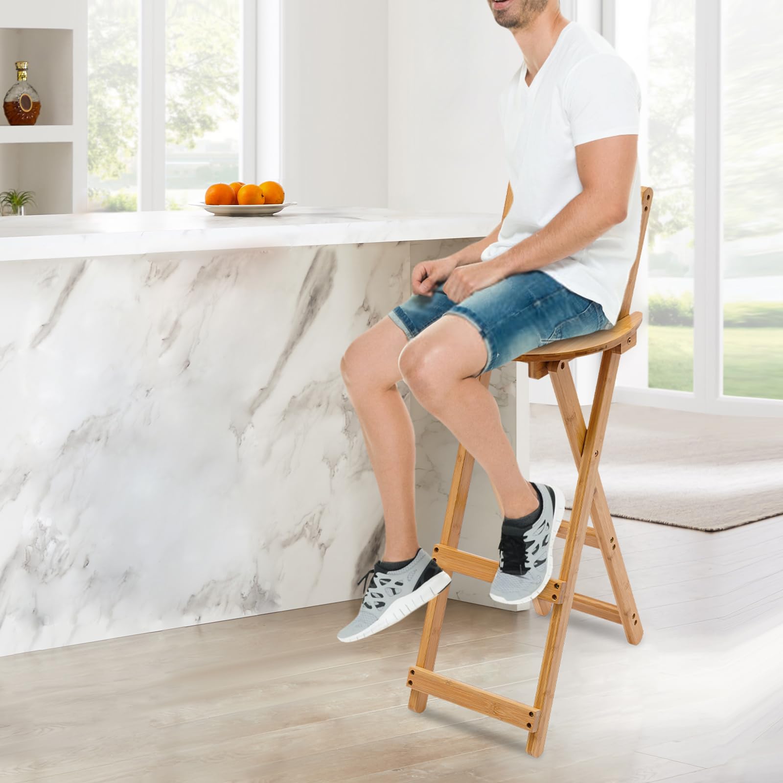 BAIODNB Bamboo Wood Folding Bar Stool, Vanity Chair Portable Chair with Back, Kitchen Counter-Height Bar Stool Chair Dining Chair for Dorm Room, Living Room, Bedroom and Outdoor Dining Fishing