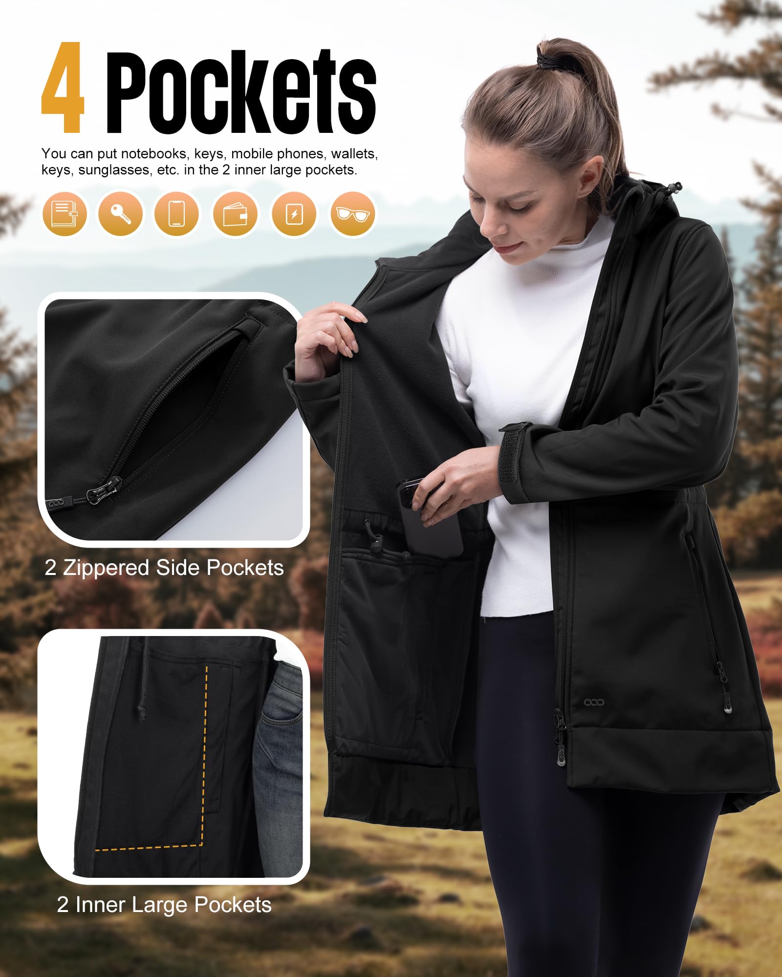 33,000ft Giacca softshell da donna, lunga per le mezze stagioni, impermeabile, antivento, traspirante, con cappuccio rimovibile, Nero , M