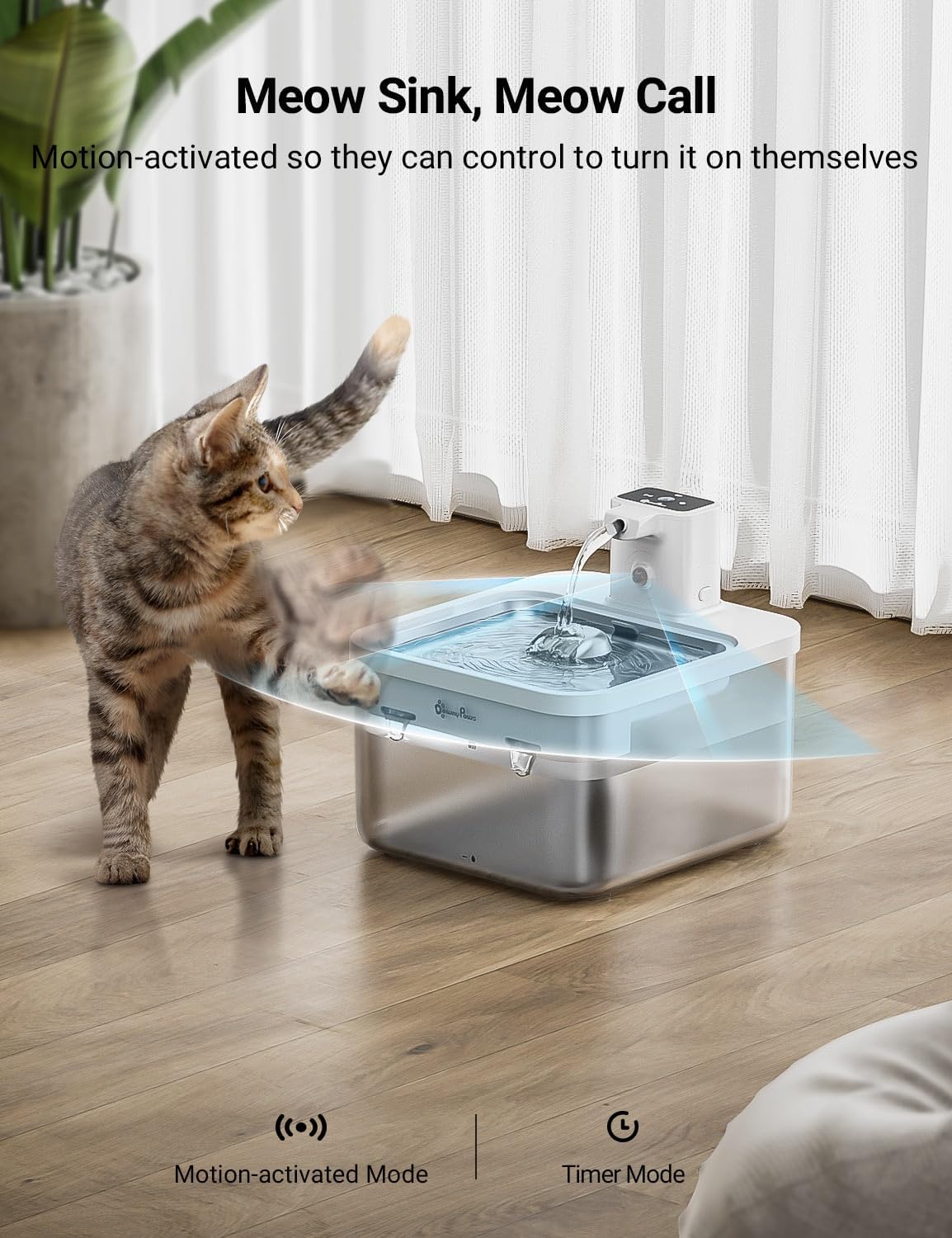 DownyPaws White Stainless Steel Cat Water Fountain Battery Operated Wireless with 6pcs Filter Replacement for 3 Months