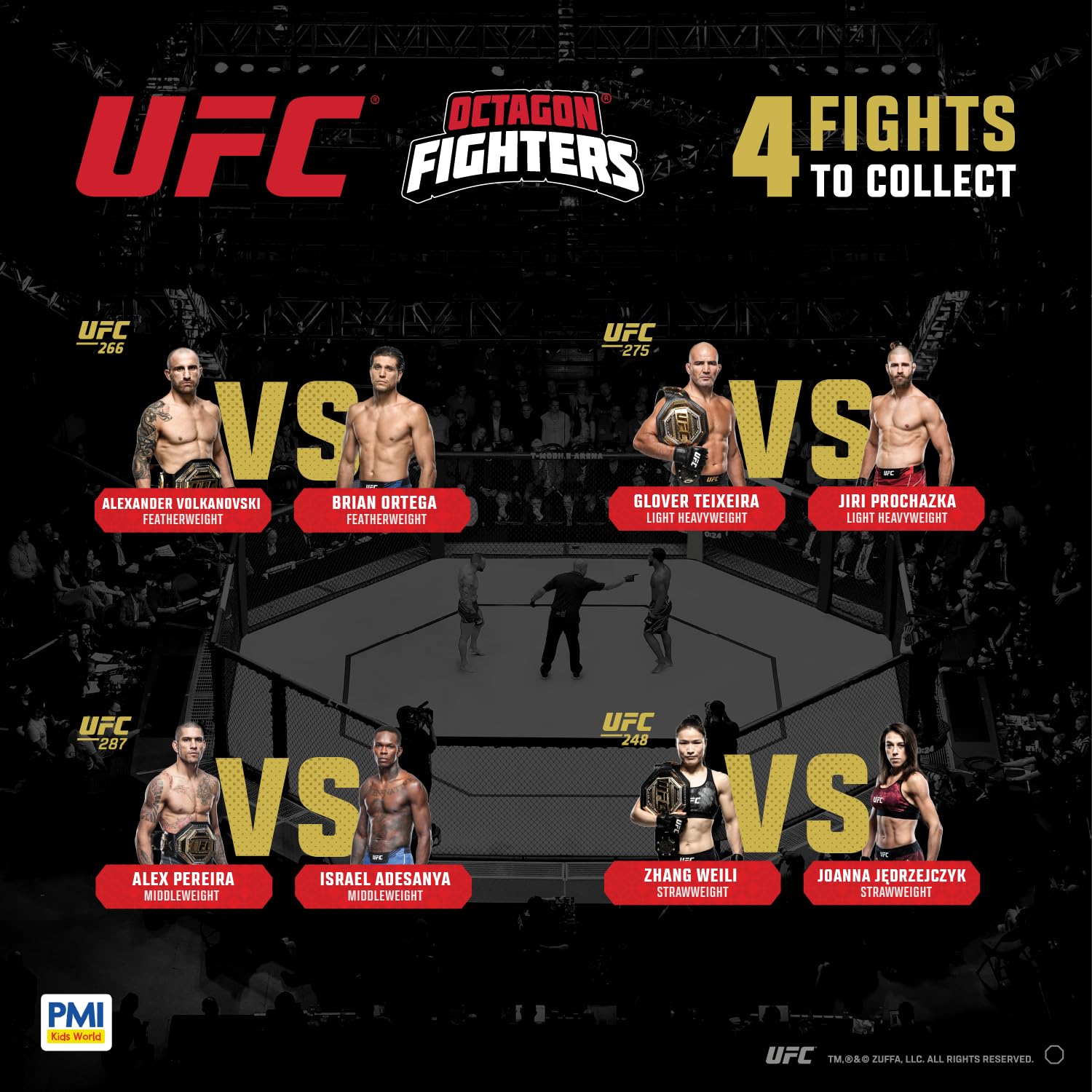 P.M.I. Paquete de 8 figuras coleccionables de UFC de 2.5 pulgadas, caja de lujo, incluye 8 luchadores con accesorios, poses realistas y coleccionables oficiales de UFC