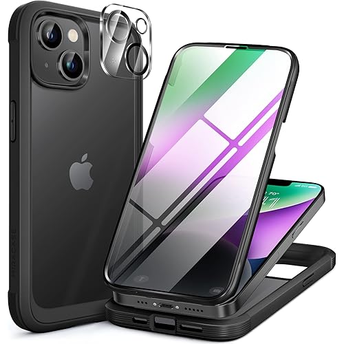 Miracase Glass Series Designed for iPhone 14 Case 6.1 inch, 2023 Upgrade Full-Body Clear Bumper Case with Built-in 9H Tempered Glass Screen Protector and Camera Lens Protector,Matte Black