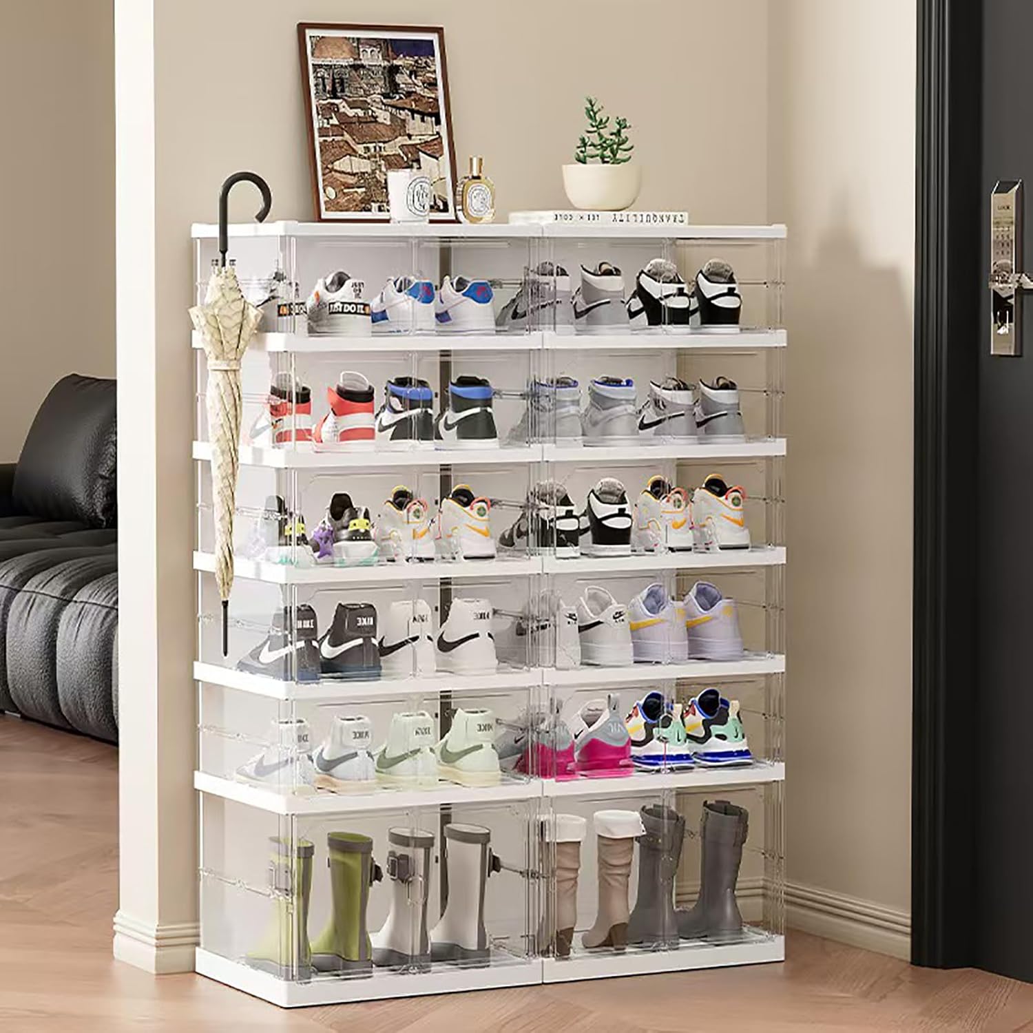 Foldable Shoe Storage Cabinet with Clear Magnetic Doors, 6-Tier No-Assembly Shoe Rack Organizer, Stackable Large Capacity Shoe Box for Entryway, Closet, Fits Boots & Sneakers, (Transparent)