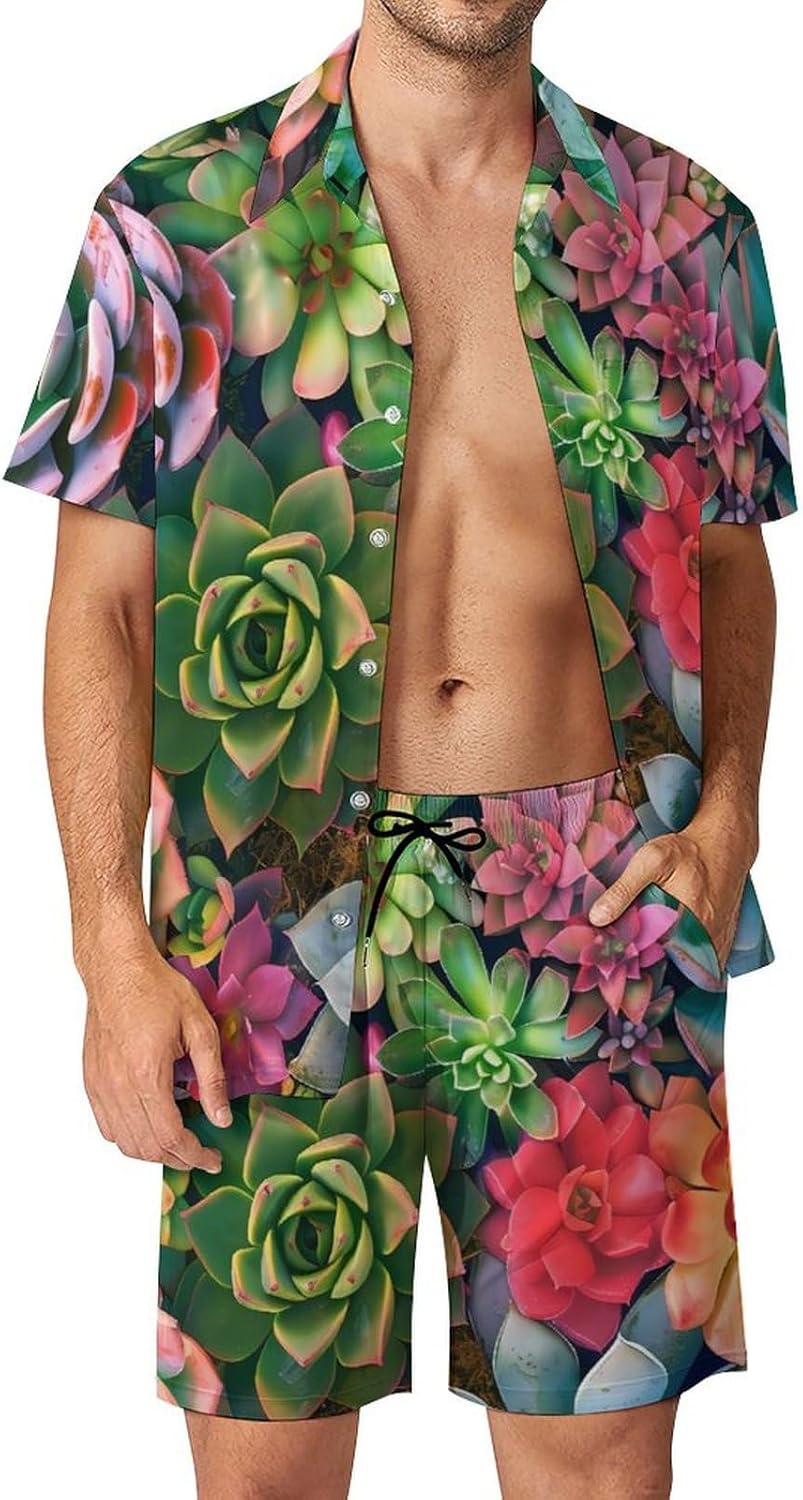 Succulents Men's Summer Beach Outfits Shirt And Shorts Set 2 Piece Vacation Swimwear