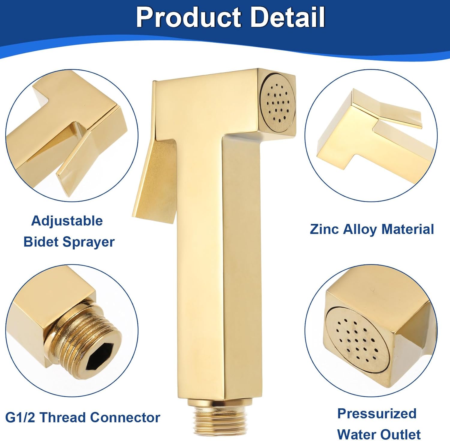uxcell Handheld Bidet Sprayer for Toilet, Metal Bathroom Sprayer Kit Adjustable Square Water Pressure Control for Kitchen Bathroom Toilet Flushing Washing, Gold