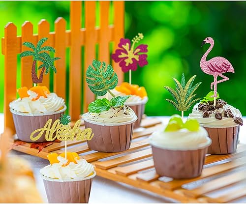 Miniatura 4 de 24 adornos tropicales para cupcakes, decoración para tartas de Luau, selecciones de cupcakes Aloha, piña, flamenco, decoración para cupcakes con
