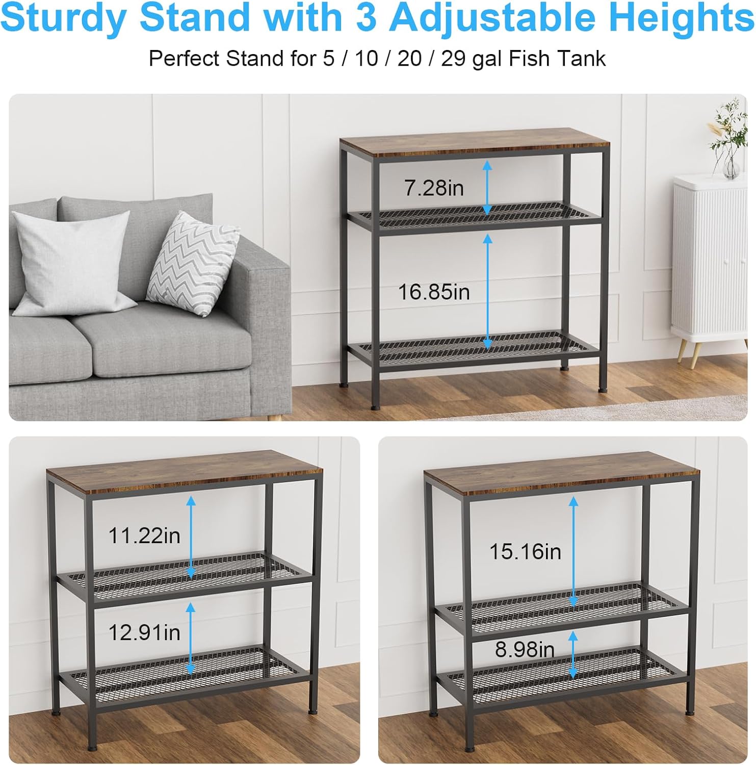 20-29 Gallon Fish Tank Stand, 3-Tier Adjustable Large Aquarium Stand, Metal Reptile Breeder Turtle Terrarium Rack Plant Shelf for Home Office, Load 350lbs, 30.7" L x 13.77" D x 31.51" H, Black