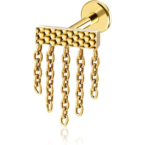FINE4U Helix Piercing Jewelry Titanium 16G 6mm 8mm - ASTM F136 Titanium Tassel Hammer Cartilage Earrings, Implant Grade Flatback Stud Internally Threaded Hypoallergenic, Body Jewelry for Gift Idea