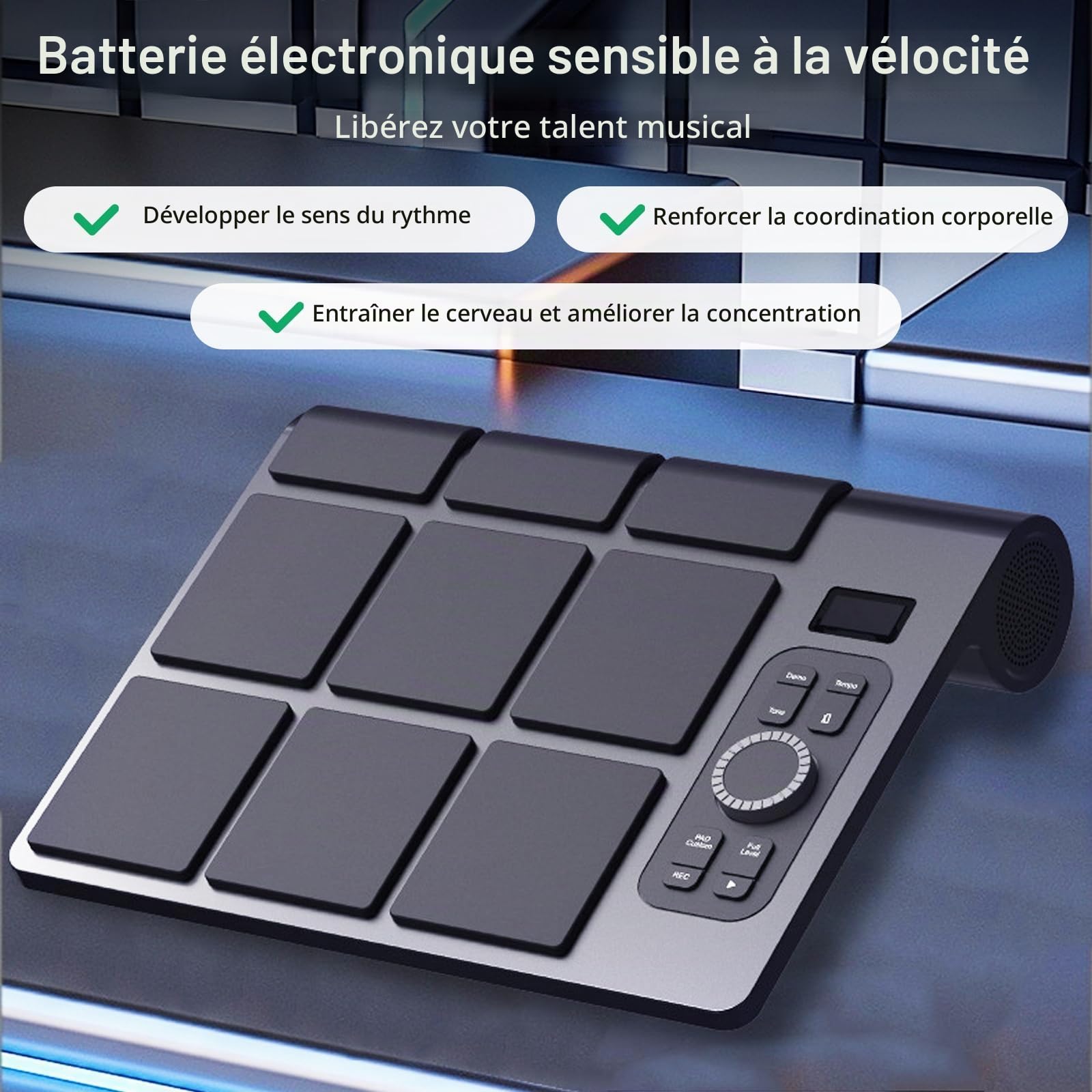 Batterie Électronique, Batterie Enfant Portable avec Haut-Parleur Stéréo Intégr Batterie Instrument de Musique en Silicone à 9 Pads Batterie Electronique Adulte avec Baguettes et Pédales