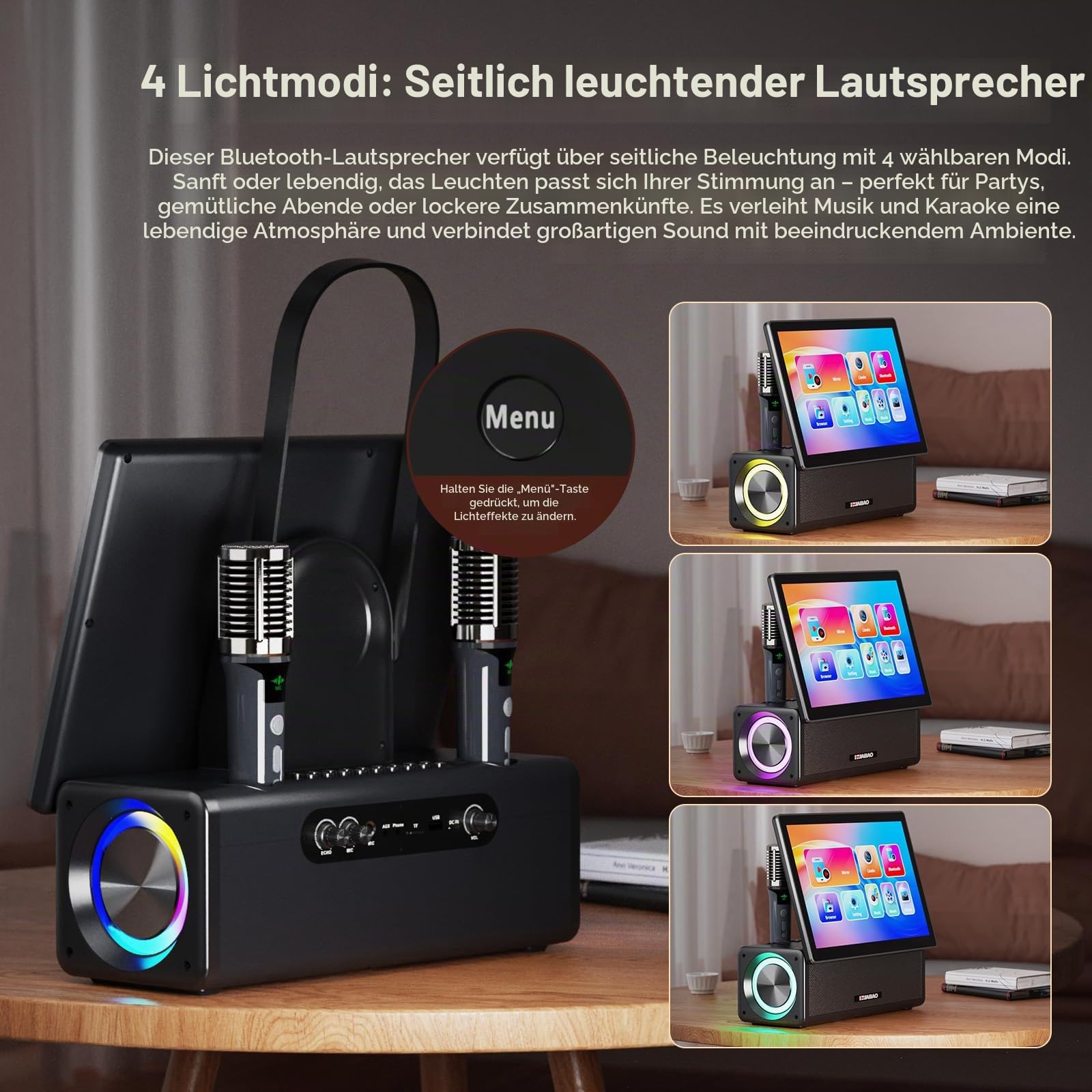 Tragbare Karaoke-Maschine mit 14,1-Zoll-HD-Drehbildschirm, kabelloser Bildschirmspiegelung für Android und iOS, Bluetooth-Party-Lautsprecher mit Liedtextanzeige und Beleuchtung, 2 Mikrofone