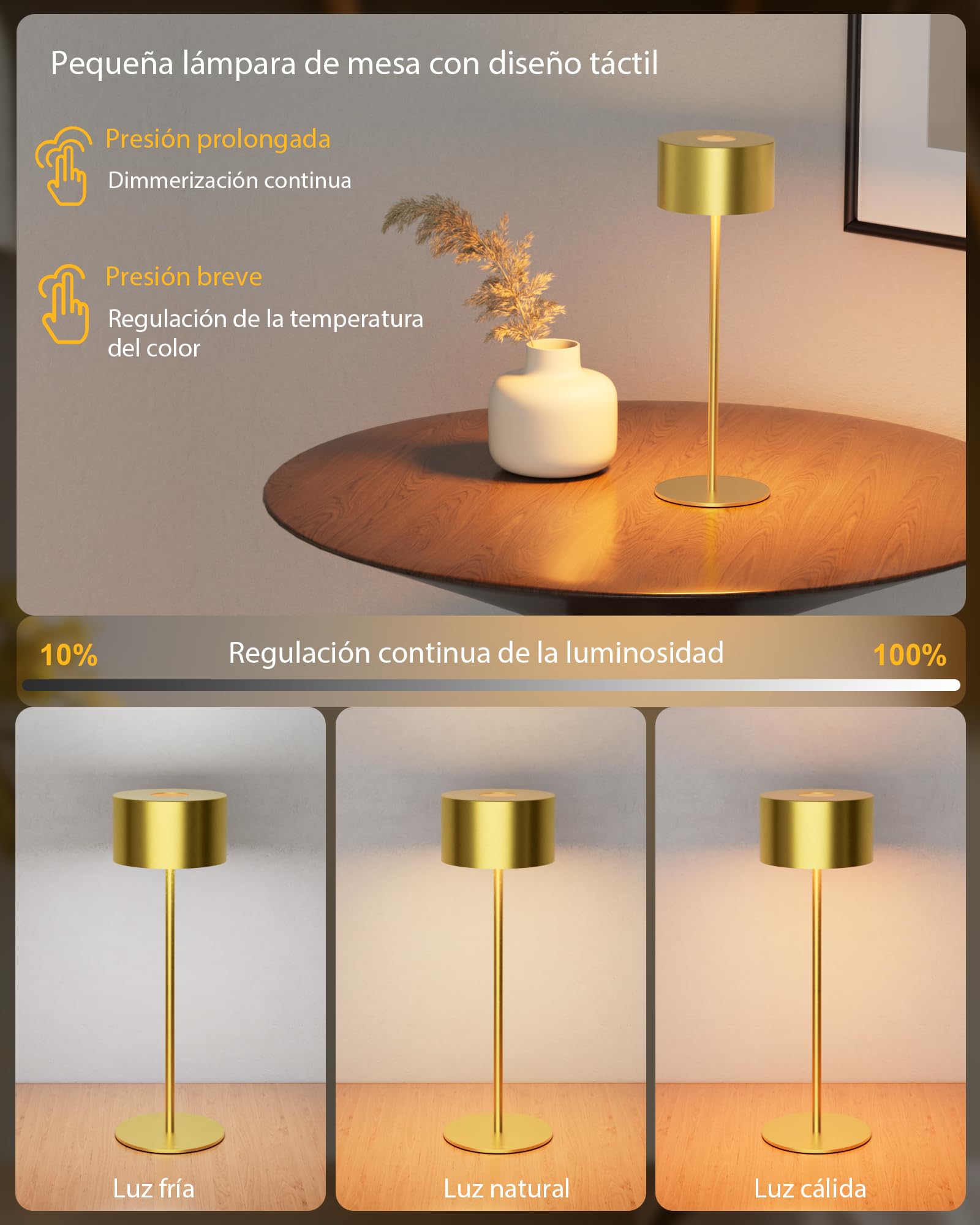 Lámpara Inalámbrica Metálica Dorado IP54 | 3 Temperaturas + Brillo Regulable | Recargable USB | Multiuso para Restaurante, Dormitorio y Camping