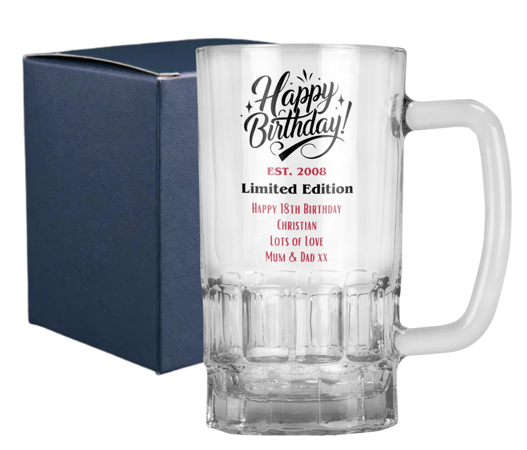 Personalised Limited Edition Birthday 20oz Pint Glass Beer Mug Tankard Stein Gift 18th 21st 30th 40th 50th 60th 70th 80th - Dishwasher Safe (Print with Handle on Right, Cardboard Gift Box)